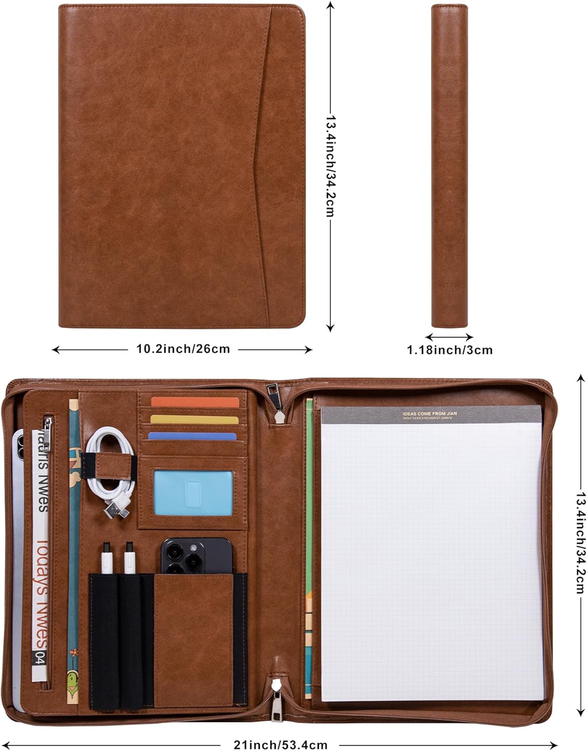 Vegan Leather Portfolio with Zipper, Business Portfolio Padfolio Binder,Phone Notebook Organizer,Laptop Portfolio, A4 Binder Notebook Document Organizer, Resume Portfolio Folder (Brown, Standard)