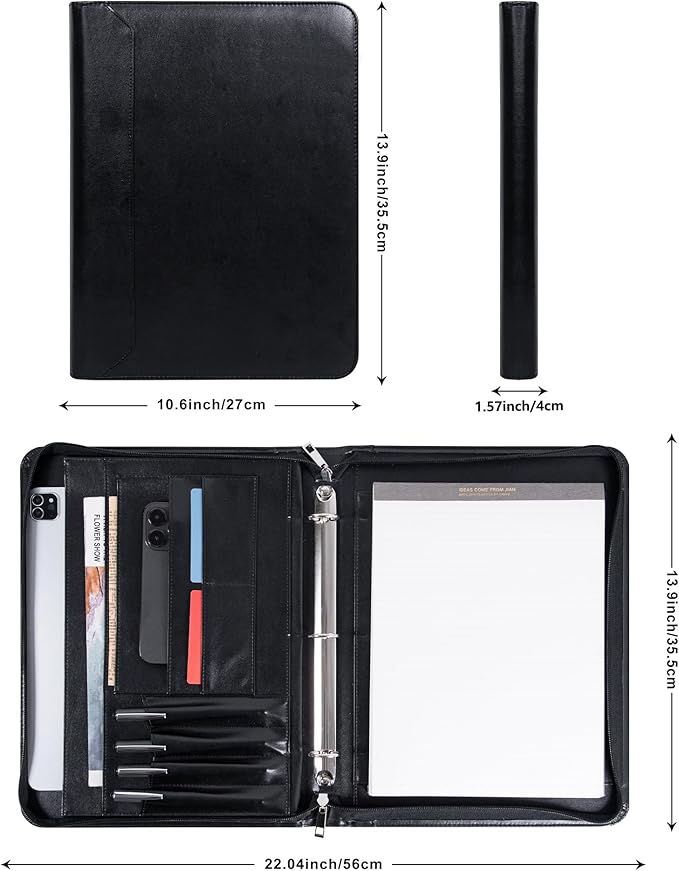 Black Vegan Leather Binder Portfolio for Women and Men,3 Ring Portfolio Binder with Zipper, A4 Planner Padfolio with Laptop Pocket,Legal Size Folio,Work padfolio