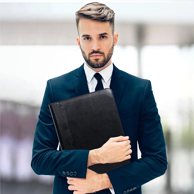 Black Vegan Leather Binder Portfolio for Women and Men,3 Ring Portfolio Binder with Zipper, A4 Planner Padfolio with Laptop Pocket,Legal Size Folio,Work padfolio