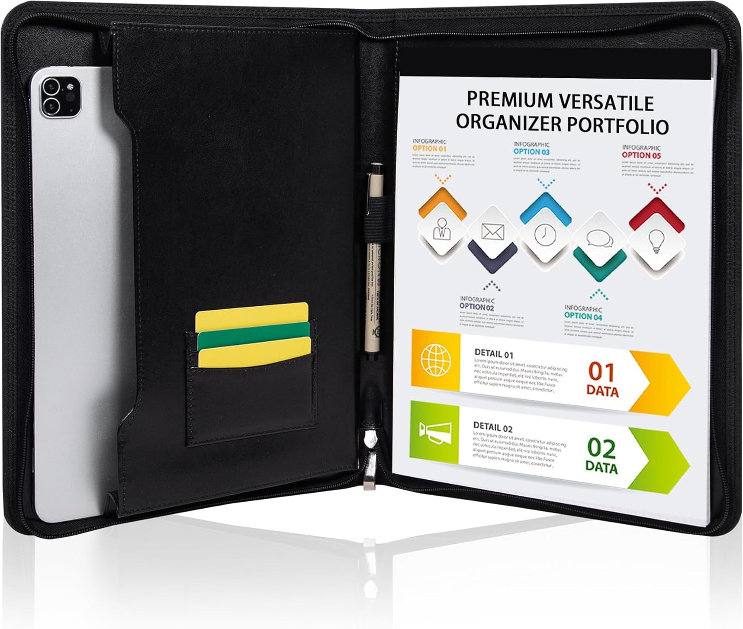 Vegan Leather Portfolio for Men and Women, Business with Space for A4 Writing Pad, Pen Holder, Card Slots, and Device Pocket,Professional Notebook Carrier for Interview and Office Conference Notepad