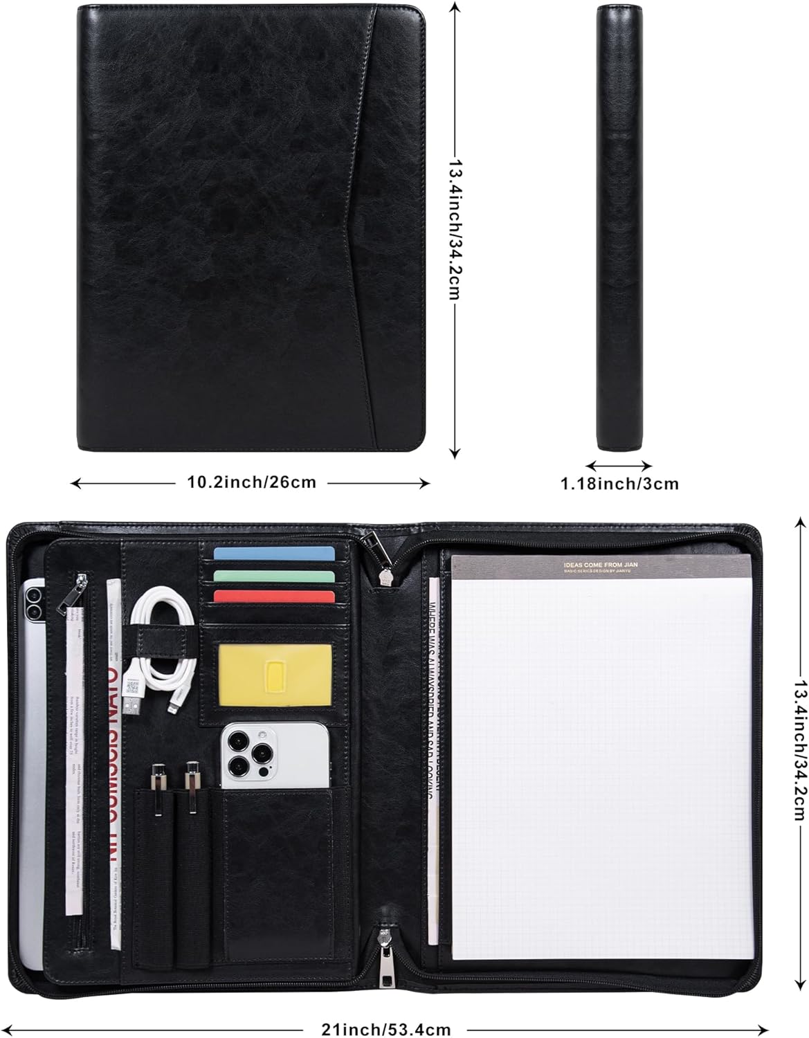 Vegan Leather Portfolio with Zipper, Business Portfolio Padfolio Binder,Phone Notebook Organizer,Laptop Portfolio, A4 Binder Notebook Document Organizer, Resume Portfolio Folder (Black, Standard)