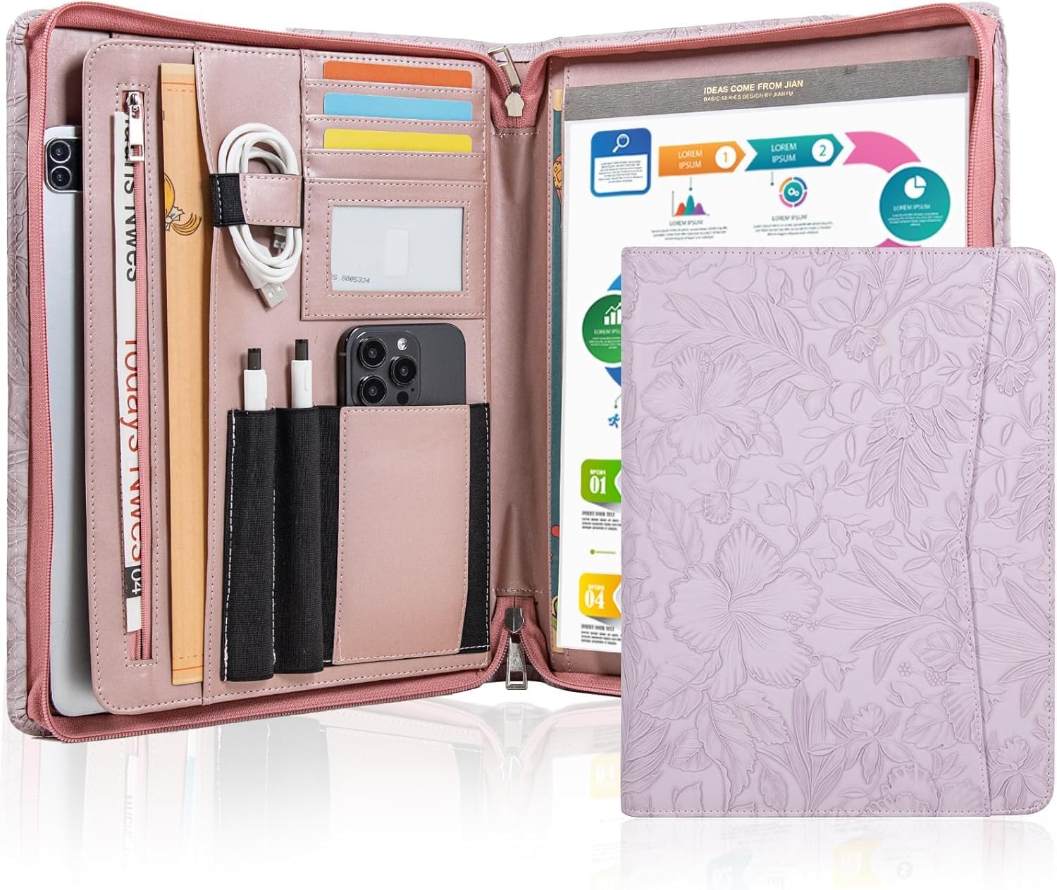 Embossed PU Leather Portfolio for Women,Professional Organize 3-Ring Padfolio with A4 Notepad Holder,Professional Business Document Organizer for Women (Purple)