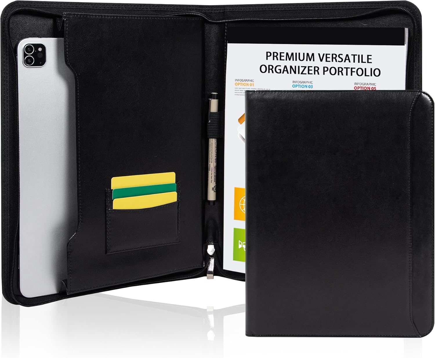 Vegan Leather Portfolio for Men and Women, Business with Space for A4 Writing Pad, Pen Holder, Card Slots, and Device Pocket,Professional Notebook Carrier for Interview and Office Conference Notepad
