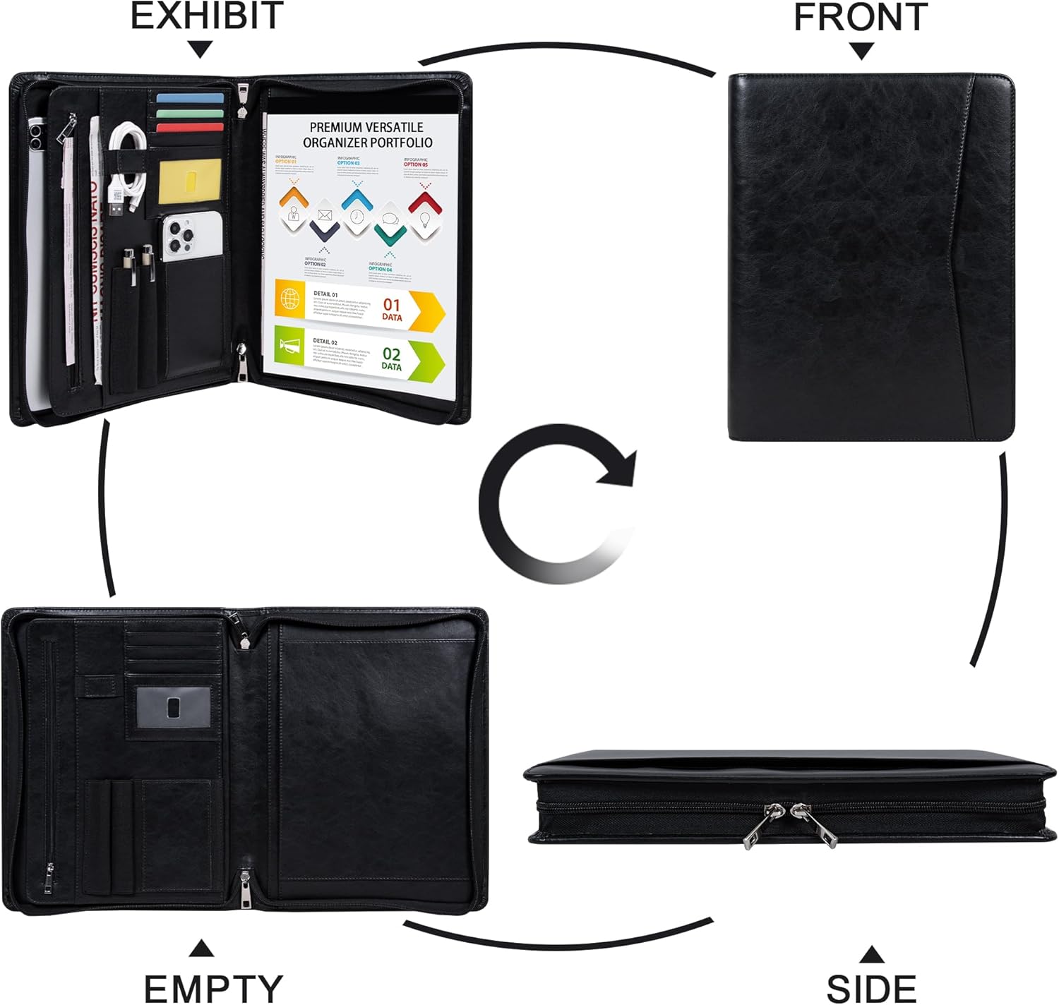 Vegan Leather Portfolio with Zipper, Business Portfolio Padfolio Binder,Phone Notebook Organizer,Laptop Portfolio, A4 Binder Notebook Document Organizer, Resume Portfolio Folder (Black, Standard)