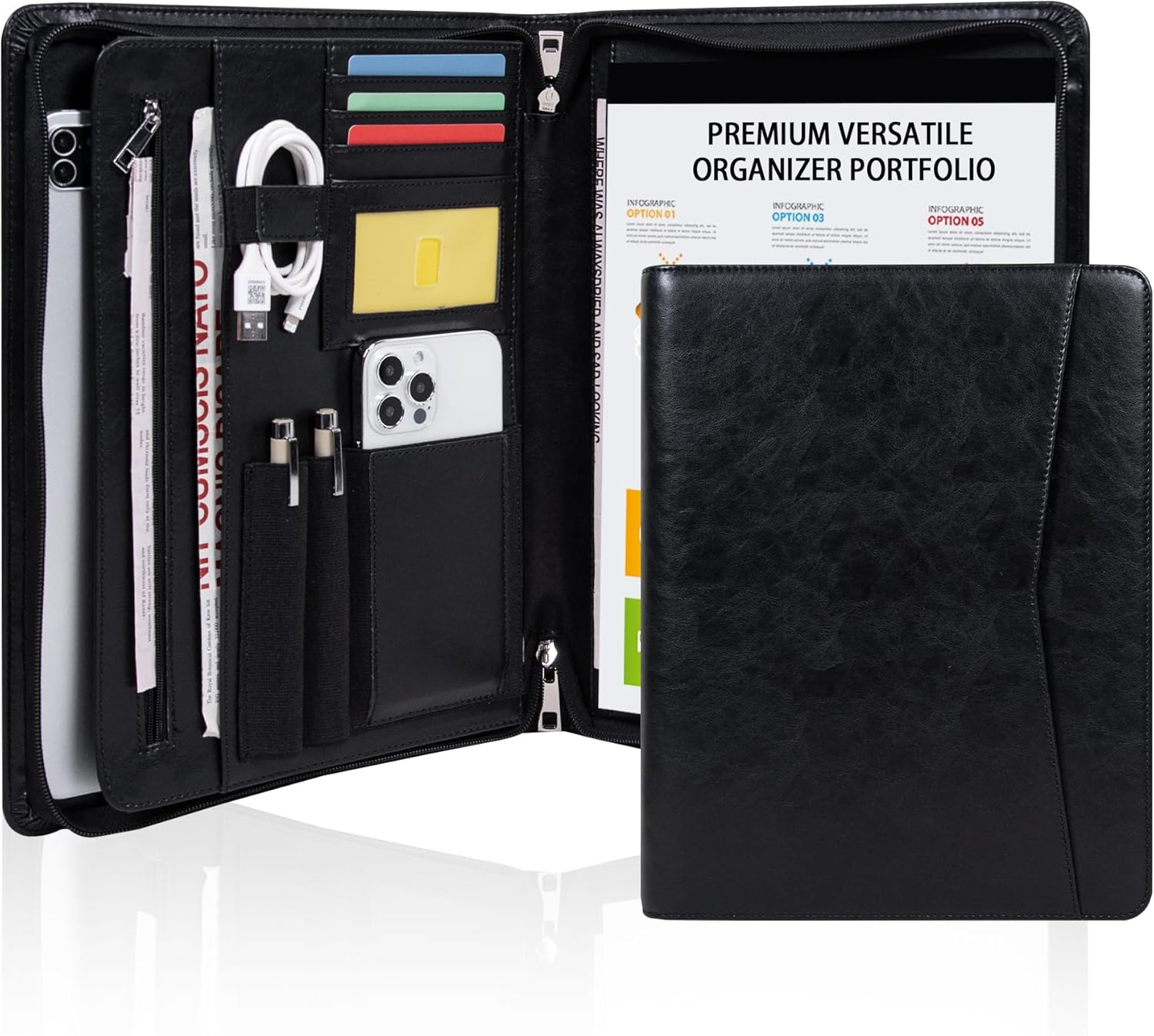 Vegan Leather Portfolio with Zipper, Business Portfolio Padfolio Binder,Phone Notebook Organizer,Laptop Portfolio, A4 Binder Notebook Document Organizer, Resume Portfolio Folder (Black, Standard)