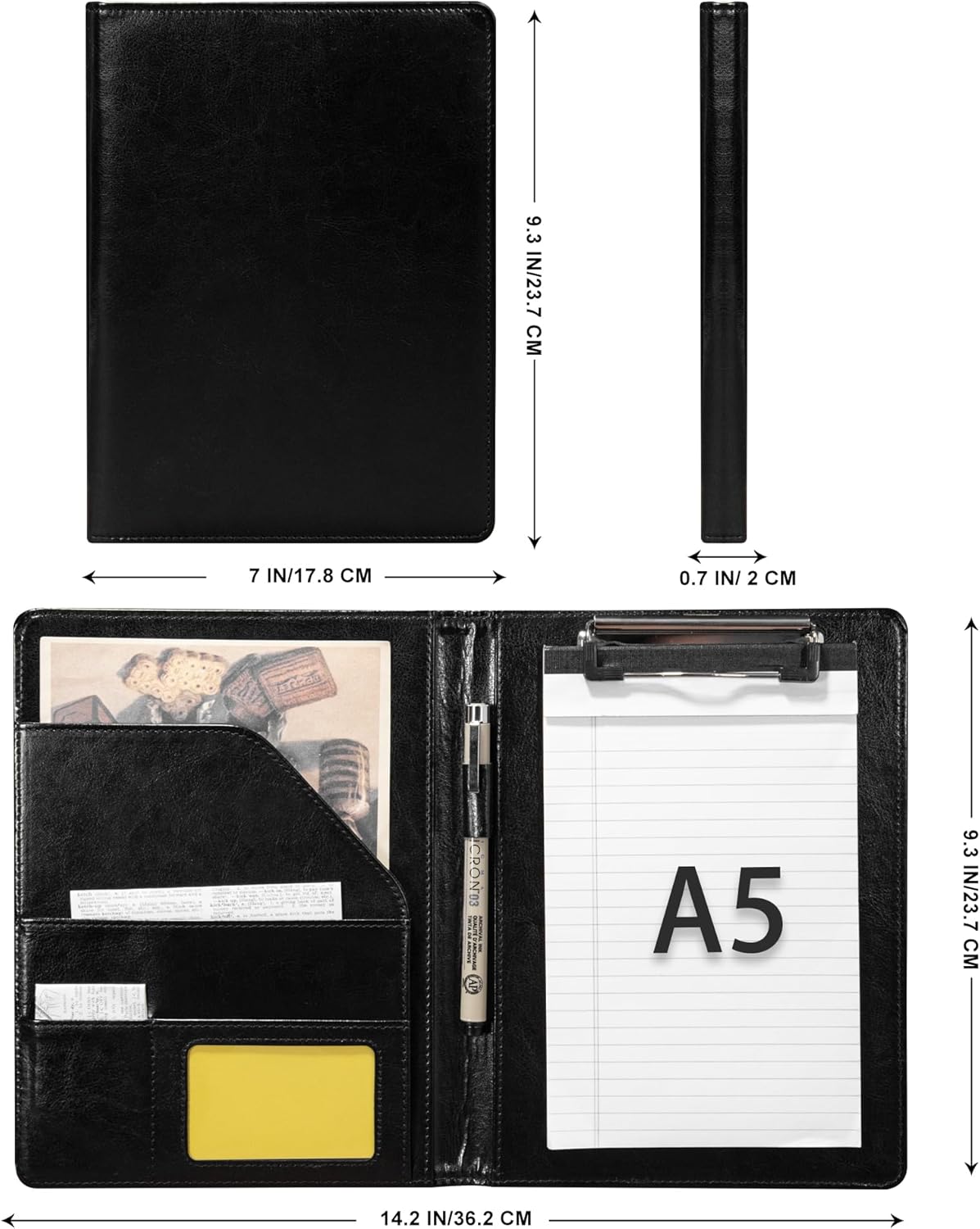 Professional A5 PU Leather Clipboard Padfolio - Professional Business Organizer with A5 Notepad Holder, Card and Pen Slots, Ideal for Corporate and Personal Use(Black) Visit the SUCCEWISHER Store
