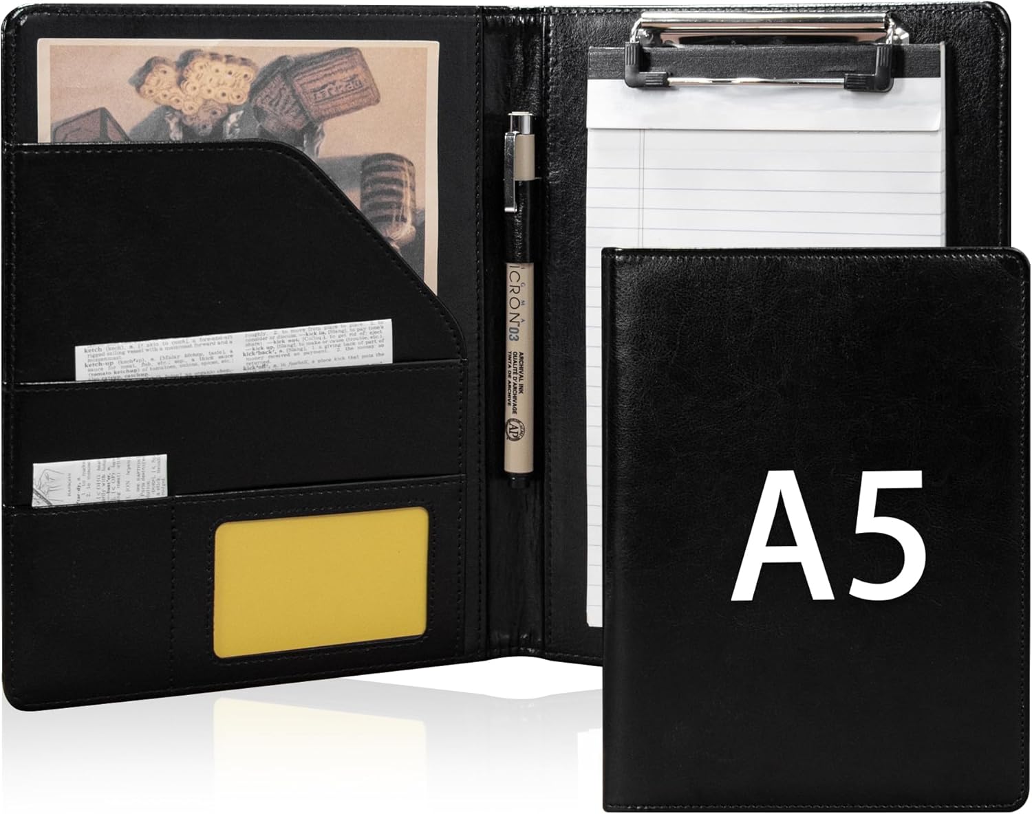Professional A5 PU Leather Clipboard Padfolio - Professional Business Organizer with A5 Notepad Holder, Card and Pen Slots, Ideal for Corporate and Personal Use(Black) Visit the SUCCEWISHER Store