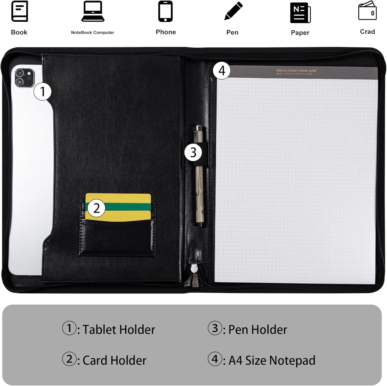 Vegan Leather Portfolio for Men and Women, Business with Space for A4 Writing Pad, Pen Holder, Card Slots, and Device Pocket,Professional Notebook Carrier for Interview and Office Conference Notepad