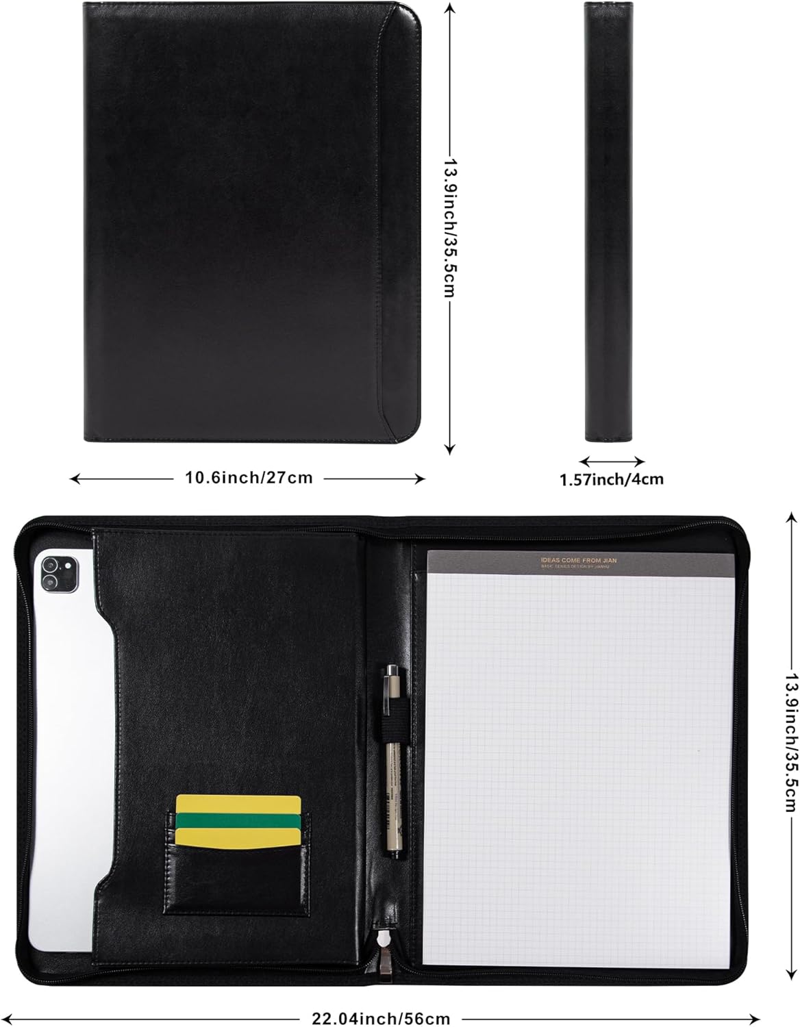 Vegan Leather Portfolio for Men and Women, Business with Space for A4 Writing Pad, Pen Holder, Card Slots, and Device Pocket,Professional Notebook Carrier for Interview and Office Conference Notepad