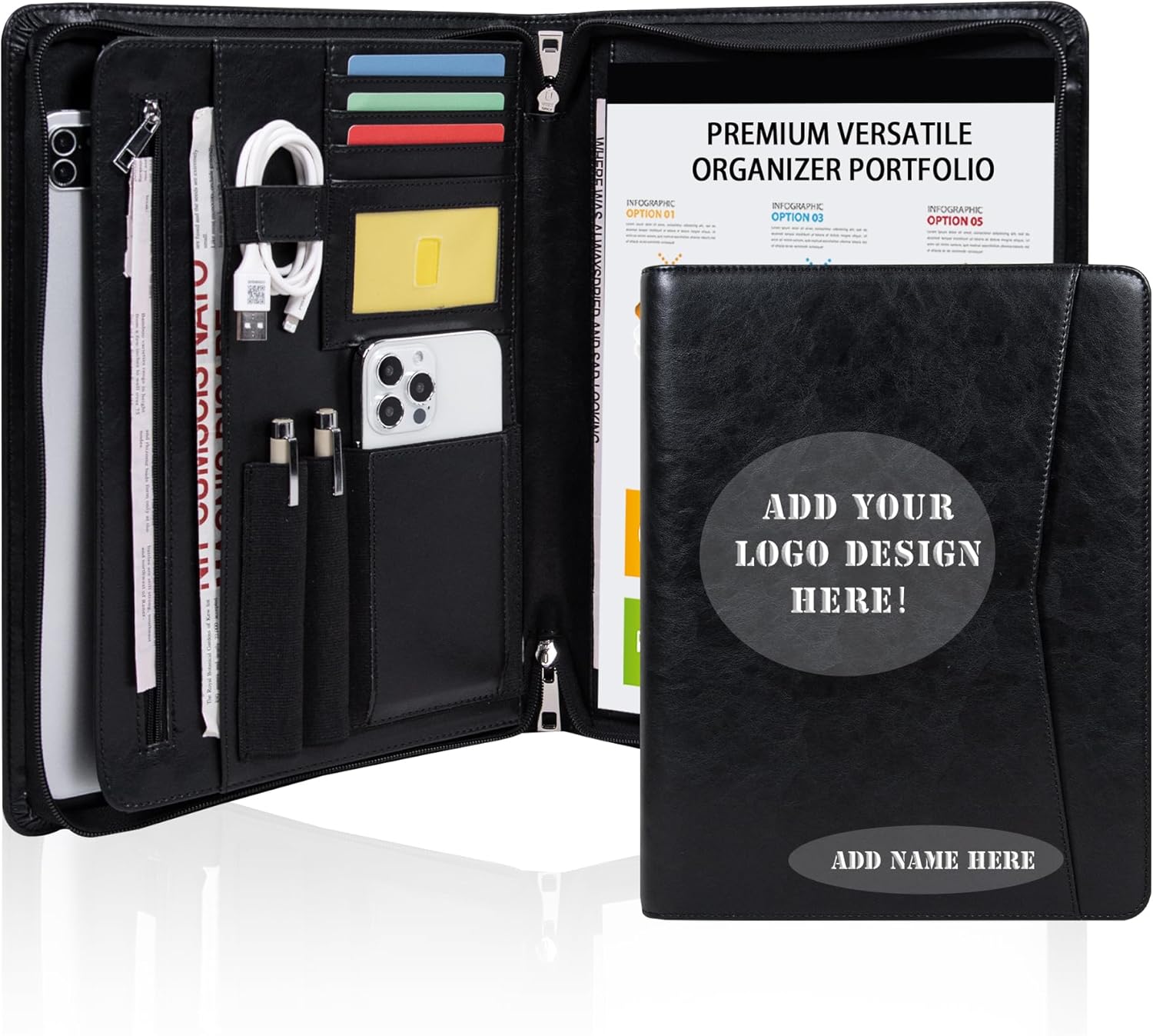 Vegan Leather Portfolio with Zipper, Business Portfolio Padfolio Binder,Phone Notebook Organizer,Laptop Portfolio, A4 Binder Notebook Document Organizer, Resume Portfolio Folder (Black, Standard)