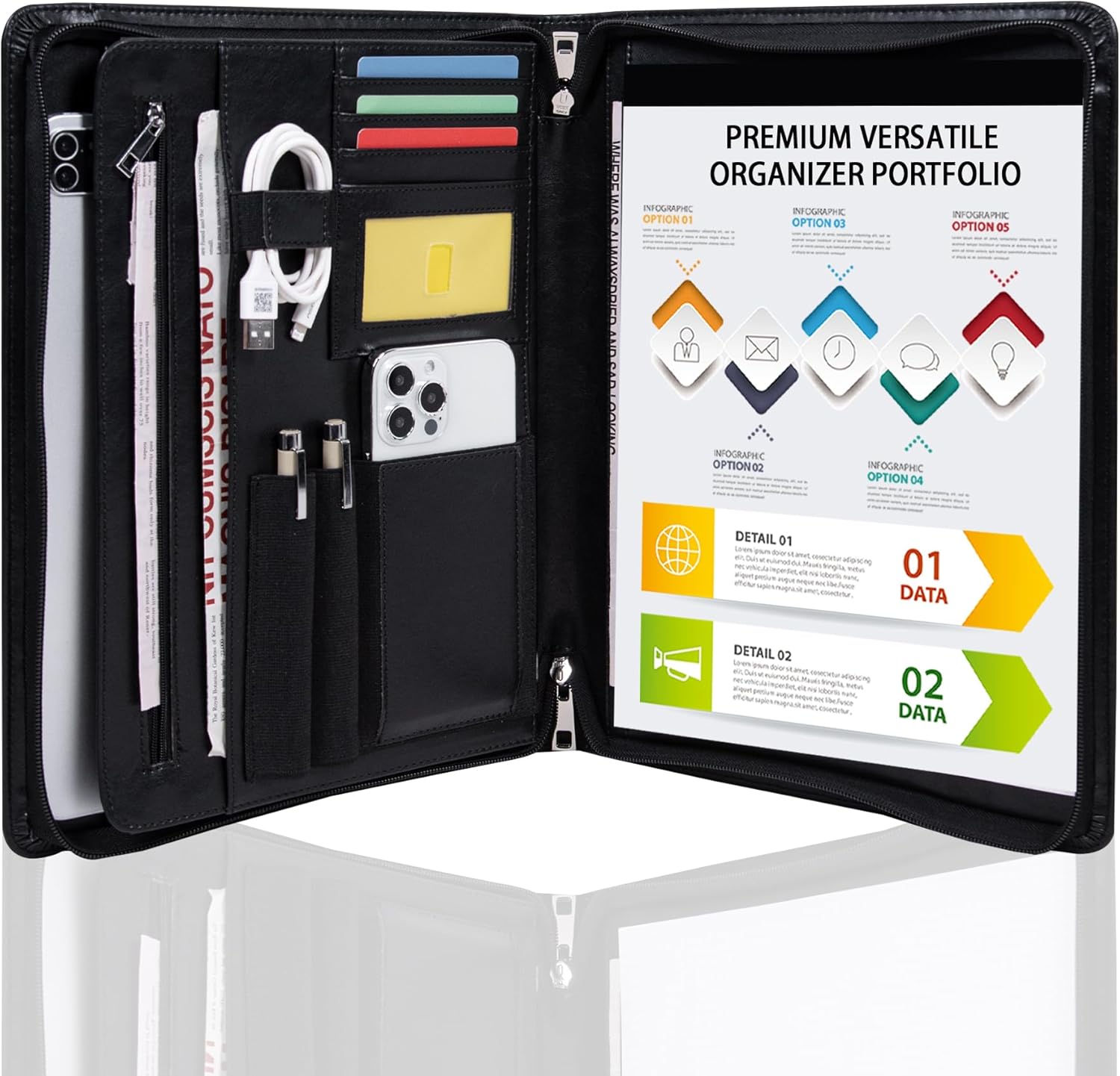 Vegan Leather Portfolio with Zipper, Business Portfolio Padfolio Binder,Phone Notebook Organizer,Laptop Portfolio, A4 Binder Notebook Document Organizer, Resume Portfolio Folder (Black, Standard)