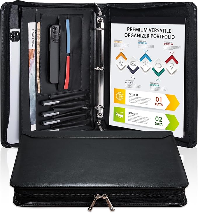 Black Vegan Leather Binder Portfolio for Women and Men,3 Ring Portfolio Binder with Zipper, A4 Planner Padfolio with Laptop Pocket,Legal Size Folio,Work padfolio