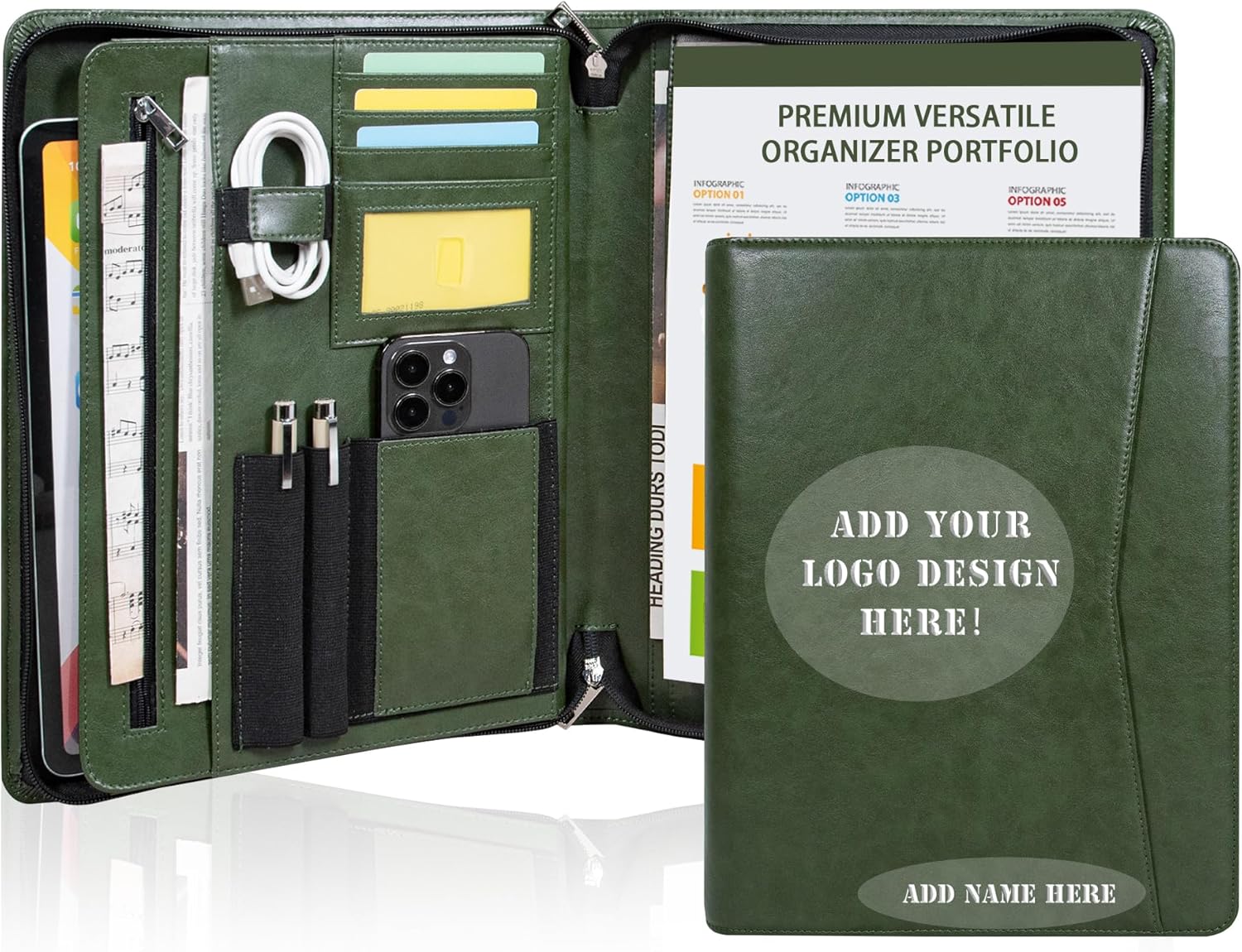 Vegan Leather Portfolio with Zipper, Business Portfolio Padfolio Binder,Phone Notebook Organizer,Laptop Portfolio, A4 Binder Notebook Document Organizer, Resume Portfolio Folder (Brown, Standard)
