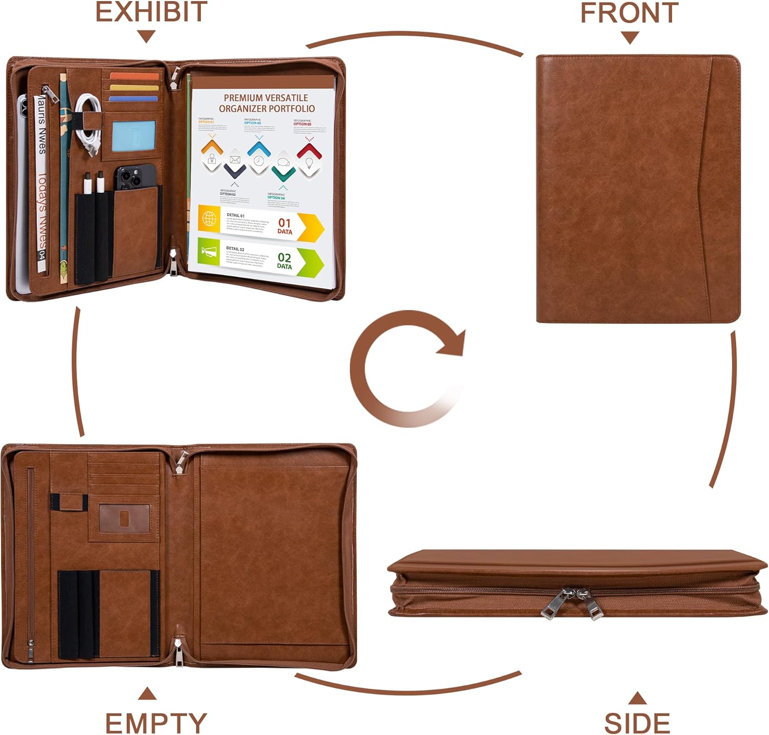 Vegan Leather Portfolio with Zipper, Business Portfolio Padfolio Binder,Phone Notebook Organizer,Laptop Portfolio, A4 Binder Notebook Document Organizer, Resume Portfolio Folder (Brown, Standard)