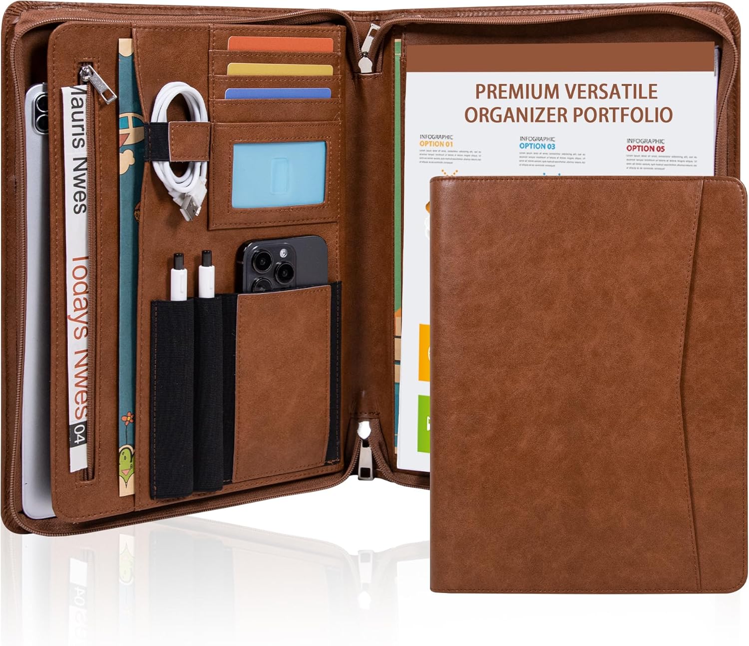 Vegan Leather Portfolio with Zipper, Business Portfolio Padfolio Binder,Phone Notebook Organizer,Laptop Portfolio, A4 Binder Notebook Document Organizer, Resume Portfolio Folder (Black, Standard)