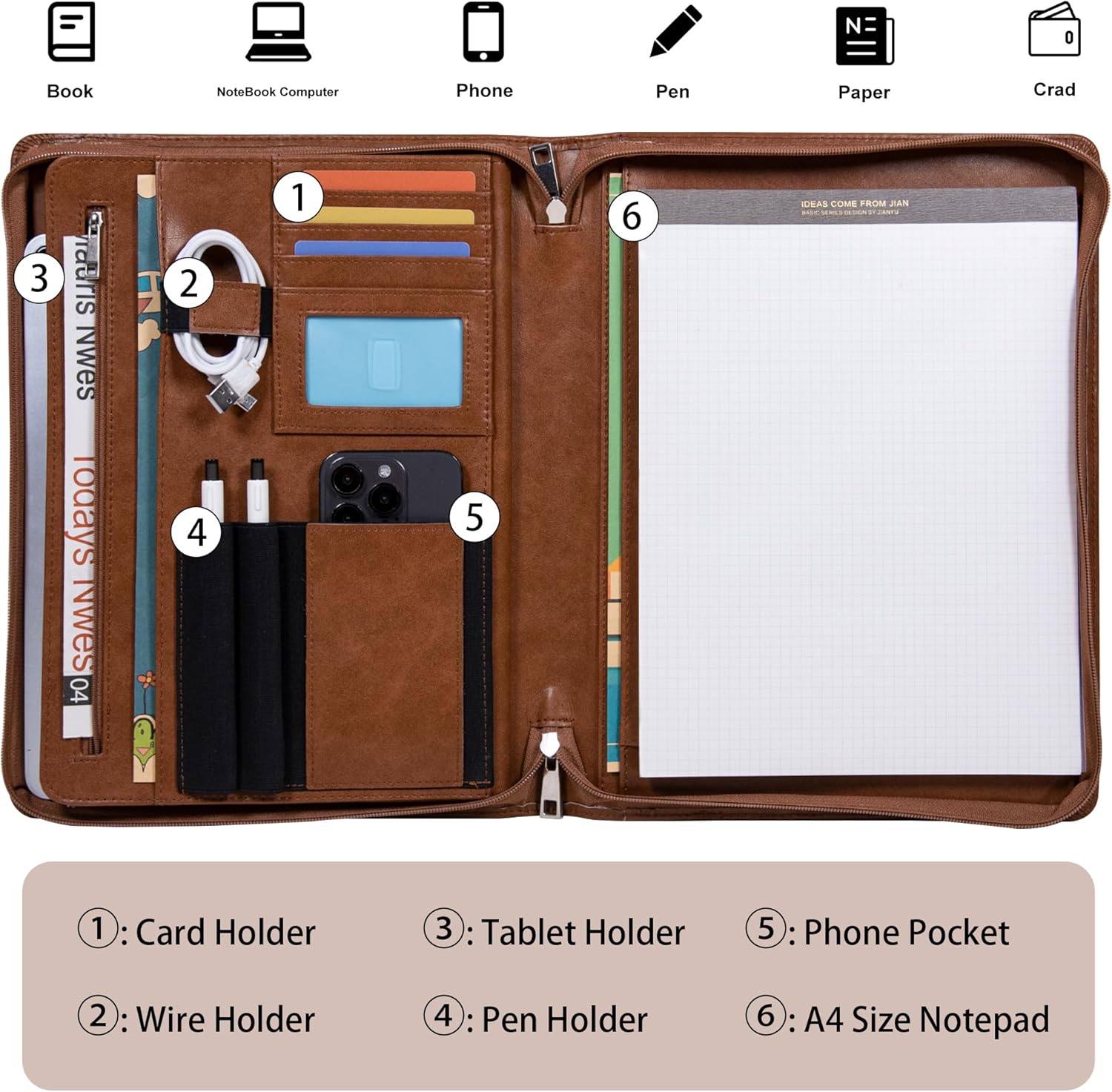 Vegan Leather Portfolio with Zipper, Business Portfolio Padfolio Binder,Phone Notebook Organizer,Laptop Portfolio, A4 Binder Notebook Document Organizer, Resume Portfolio Folder (Brown, Standard)