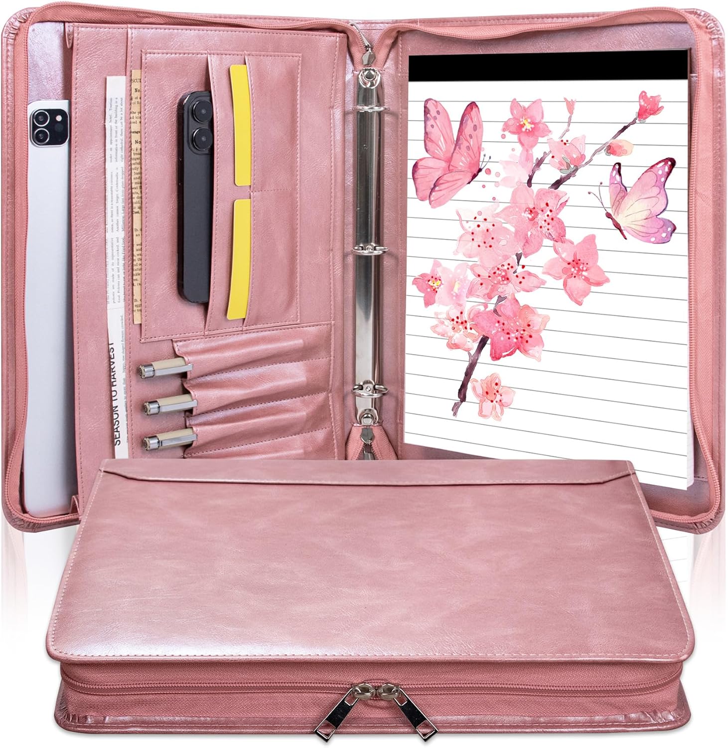 Black Vegan Leather Binder Portfolio for Women and Men,3 Ring Portfolio Binder with Zipper, A4 Planner Padfolio with Laptop Pocket,Legal Size Folio,Work padfolio