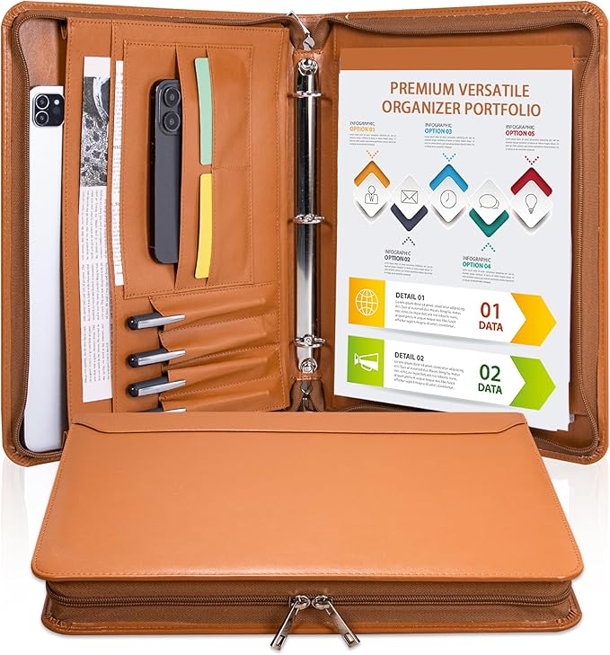 Black Vegan Leather Binder Portfolio for Women and Men,3 Ring Portfolio Binder with Zipper, A4 Planner Padfolio with Laptop Pocket,Legal Size Folio,Work padfolio