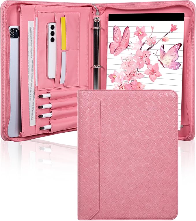 Black Vegan Leather Binder Portfolio for Women and Men,3 Ring Portfolio Binder with Zipper, A4 Planner Padfolio with Laptop Pocket,Legal Size Folio,Work padfolio