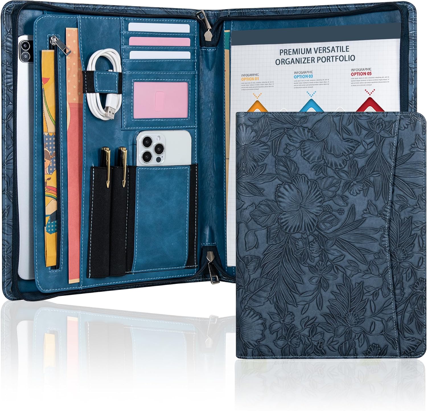 Embossed PU Leather Portfolio for Women,Professional Organize 3-Ring Padfolio with A4 Notepad Holder,Professional Business Document Organizer for Women (Purple)