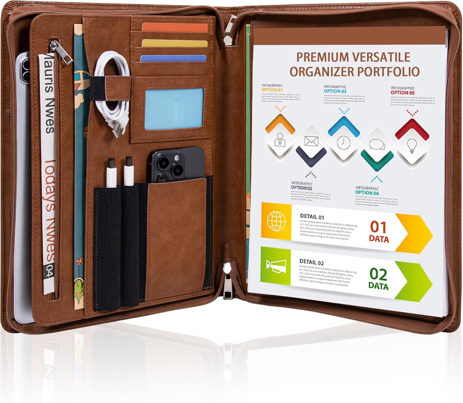 Vegan Leather Portfolio with Zipper, Business Portfolio Padfolio Binder,Phone Notebook Organizer,Laptop Portfolio, A4 Binder Notebook Document Organizer, Resume Portfolio Folder (Brown, Standard)