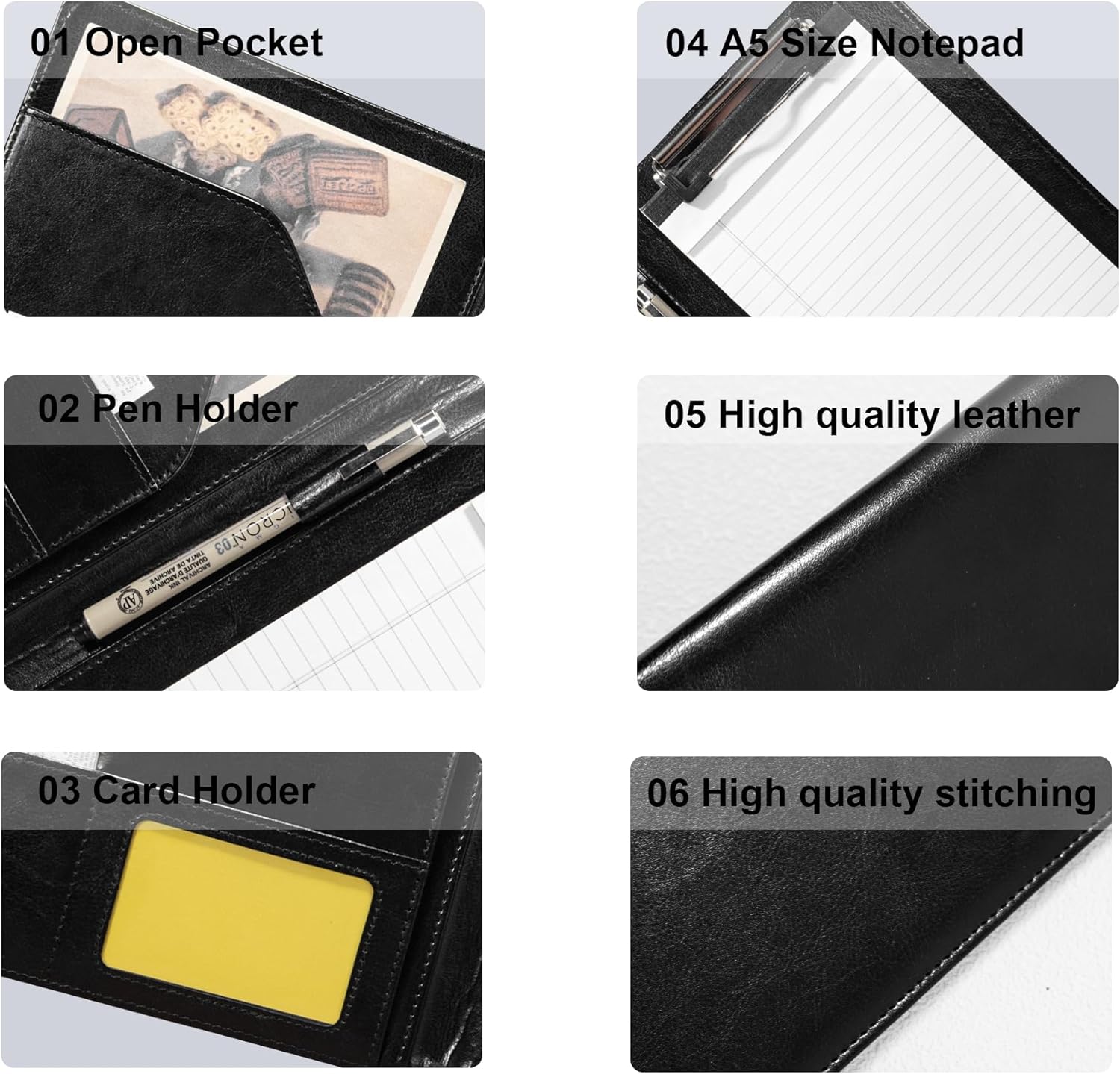 Professional A5 PU Leather Clipboard Padfolio - Professional Business Organizer with A5 Notepad Holder, Card and Pen Slots, Ideal for Corporate and Personal Use(Black) Visit the SUCCEWISHER Store