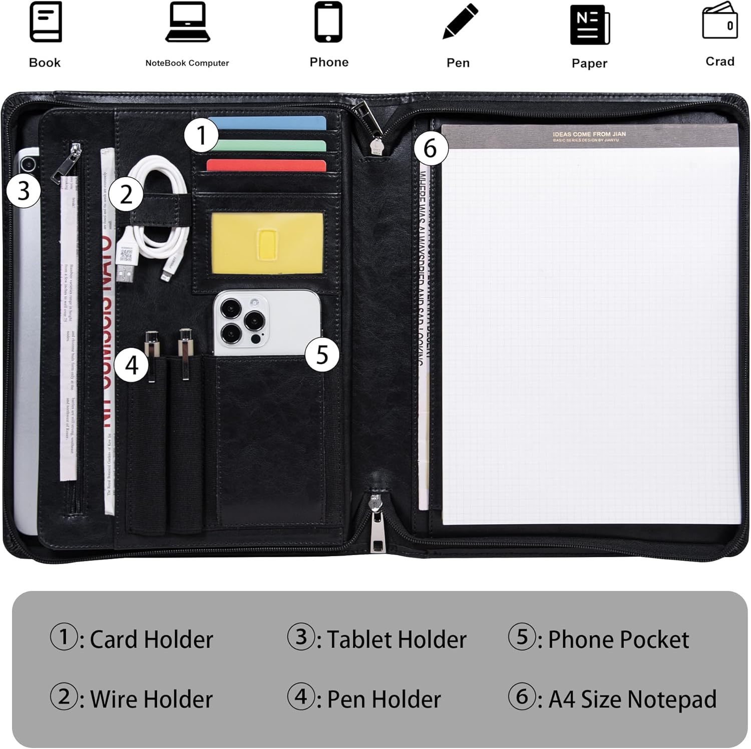 Vegan Leather Portfolio with Zipper, Business Portfolio Padfolio Binder,Phone Notebook Organizer,Laptop Portfolio, A4 Binder Notebook Document Organizer, Resume Portfolio Folder (Black, Standard)