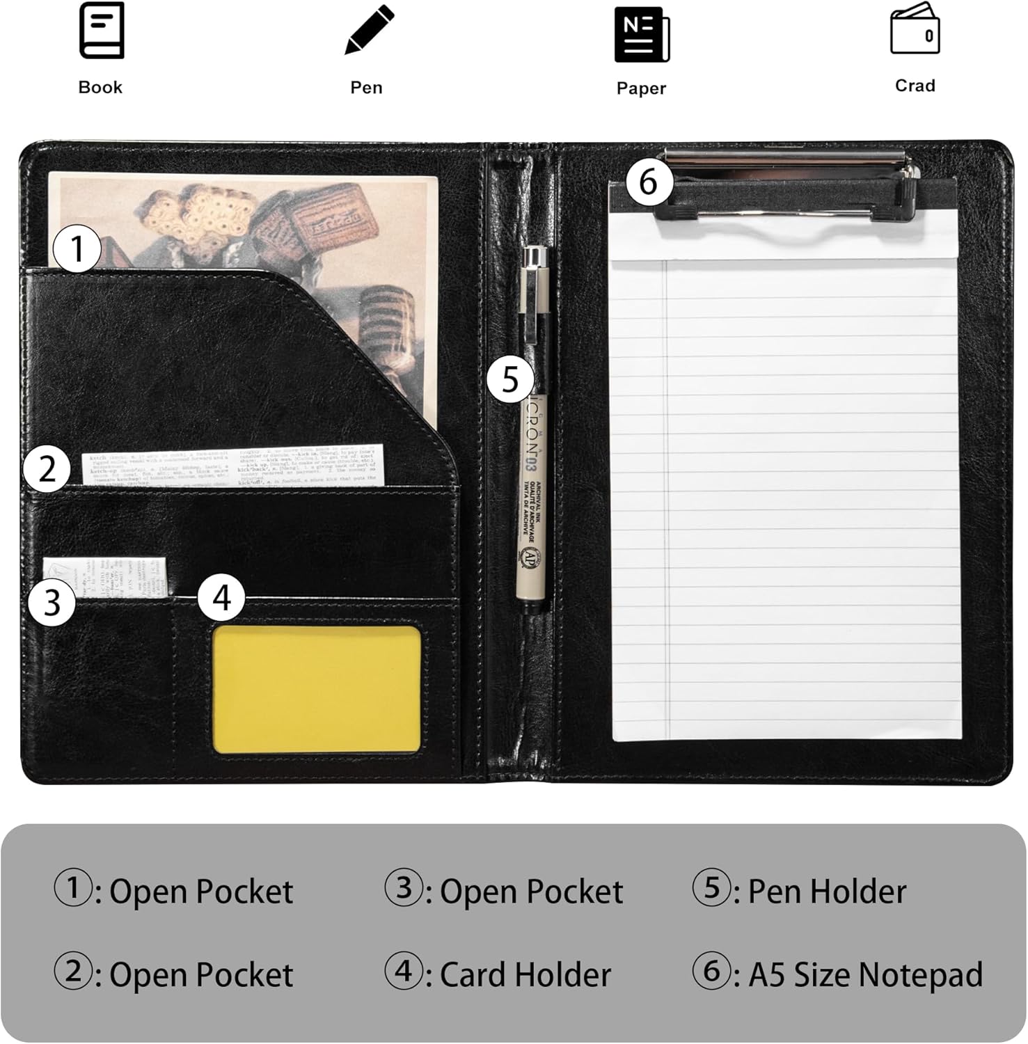 Professional A5 PU Leather Clipboard Padfolio - Professional Business Organizer with A5 Notepad Holder, Card and Pen Slots, Ideal for Corporate and Personal Use(Black) Visit the SUCCEWISHER Store
