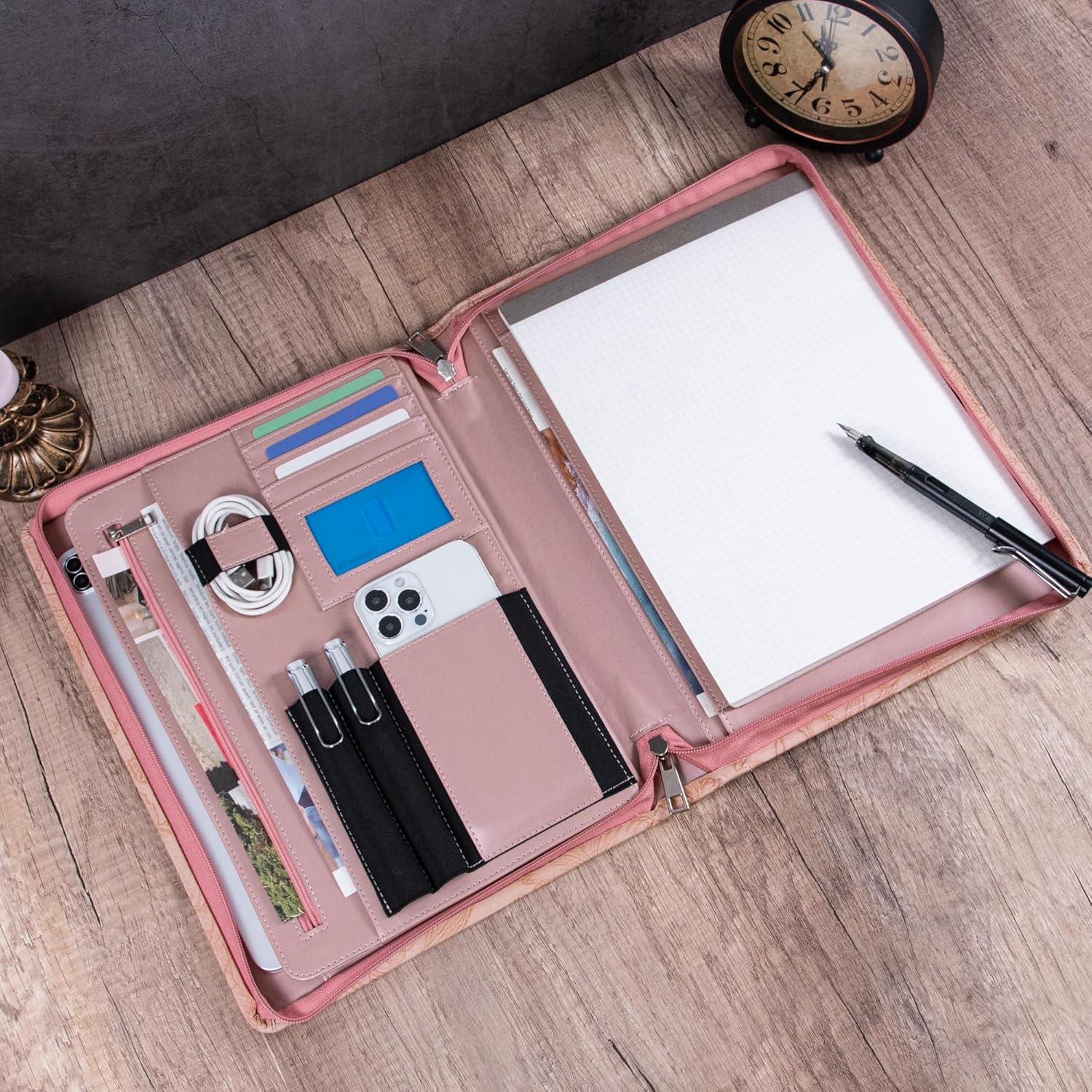 Embossed PU Leather Portfolio for Women,Professional Organize 3-Ring Padfolio with A4 Notepad Holder,Professional Business Document Organizer for Women (Purple)