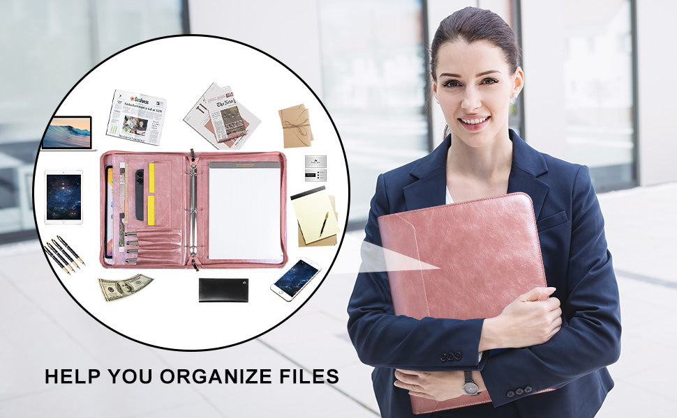 Black Vegan Leather Binder Portfolio for Women and Men,3 Ring Portfolio Binder with Zipper, A4 Planner Padfolio with Laptop Pocket,Legal Size Folio,Work padfolio