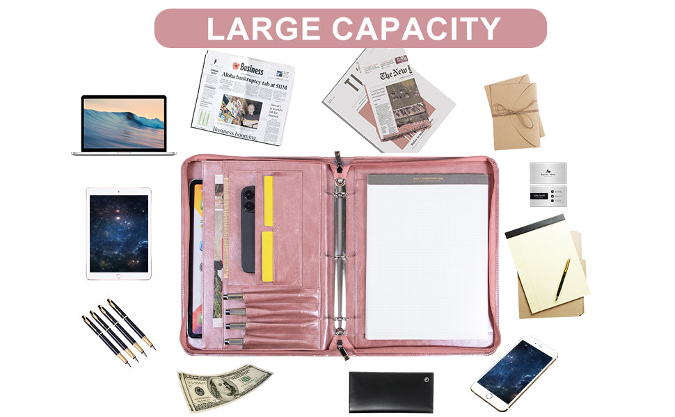 Black Vegan Leather Binder Portfolio for Women and Men,3 Ring Portfolio Binder with Zipper, A4 Planner Padfolio with Laptop Pocket,Legal Size Folio,Work padfolio