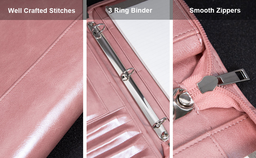 Rose Gold Padfolio,Vegan Leather Portfolio for Women,3-Ring Binder with Zipper, A4 Planner Binder with Laptop Pocket,Legal Size Portfolio,WorkBinder Organizer for Women and Girls