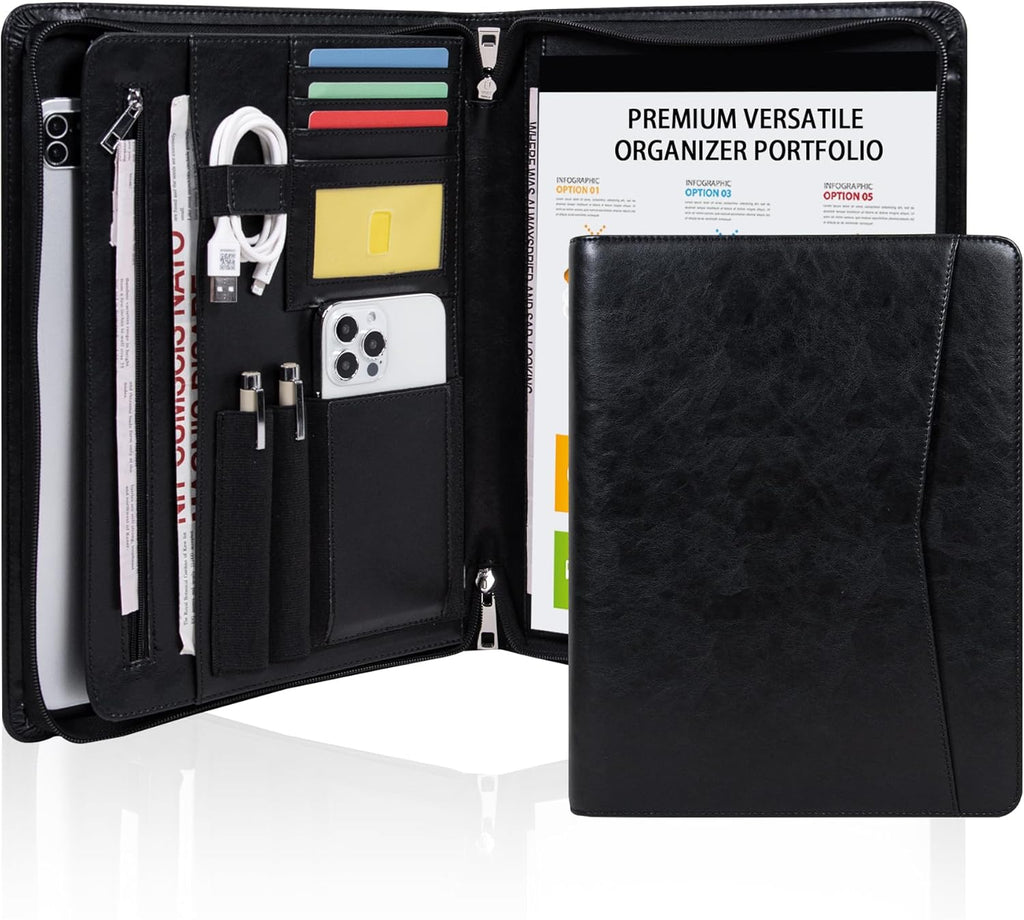 Vegan Leather Portfolio with Zipper, Business Portfolio Padfolio Binder,Phone Notebook Organizer,Laptop Portfolio, A4 Binder Notebook Document Organizer, Resume Portfolio Folder (Black, Standard)