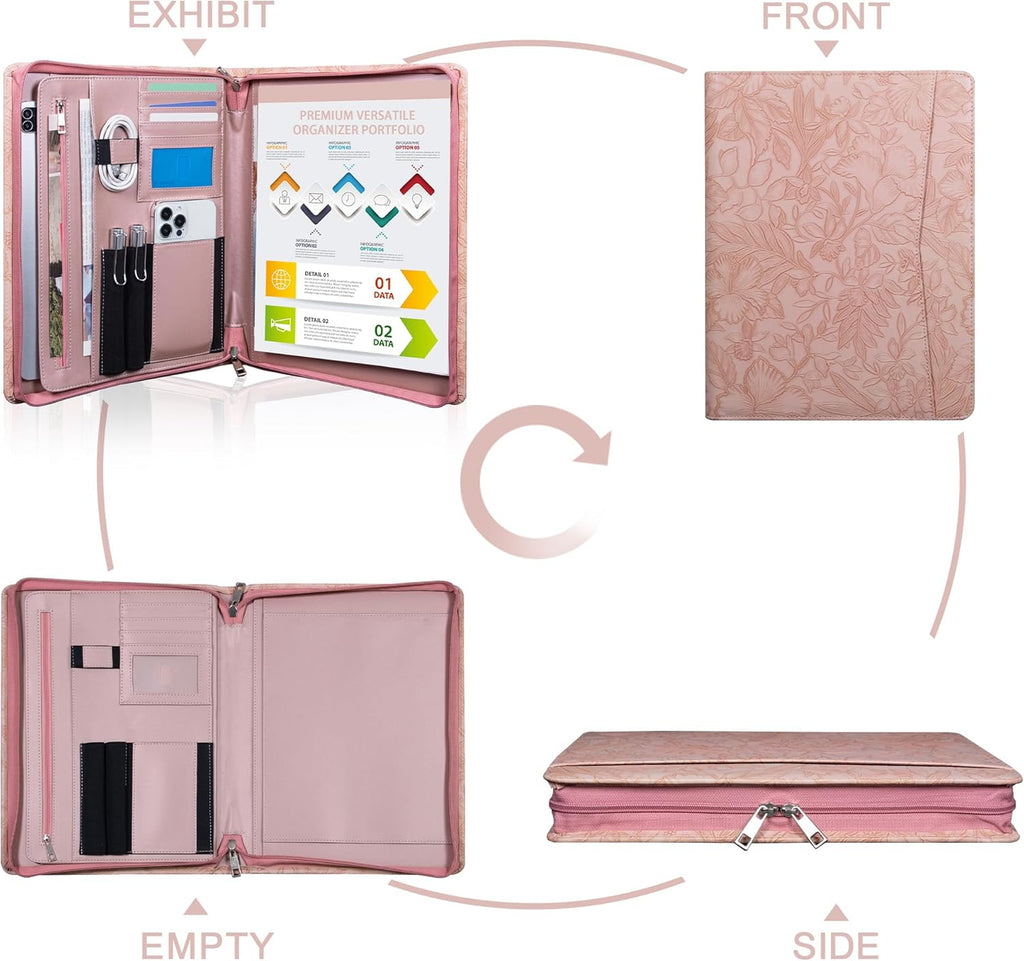Pink PU Leather Portfolio for Women,Professional Organize 3-Ring Padfolio with A4 Notepad Holder,Professional Business Document Organizer for Women (Purple) (Copy)
