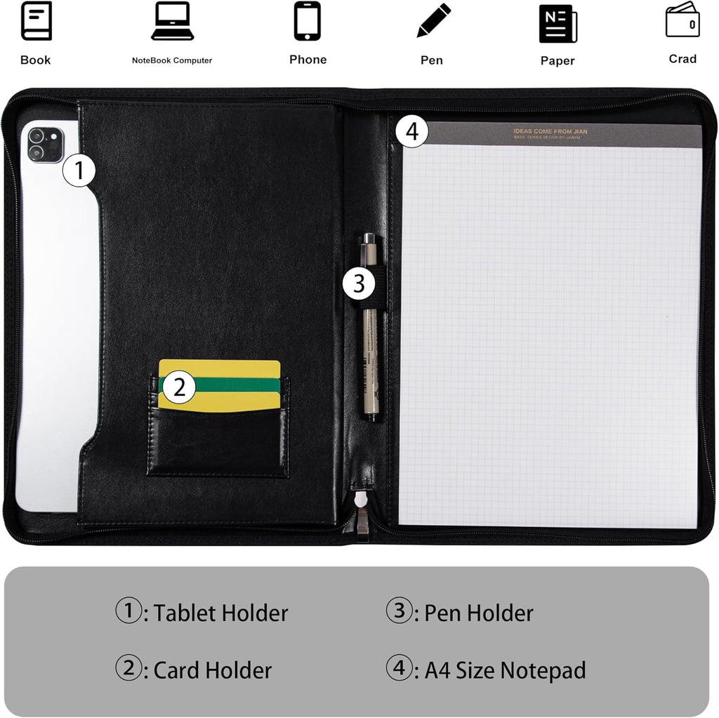 Vegan Leather Portfolio for Men and Women, Business with Space for A4 Writing Pad, Pen Holder, Card Slots, and Device Pocket,Professional Notebook Carrier for Interview and Office Conference Notepad