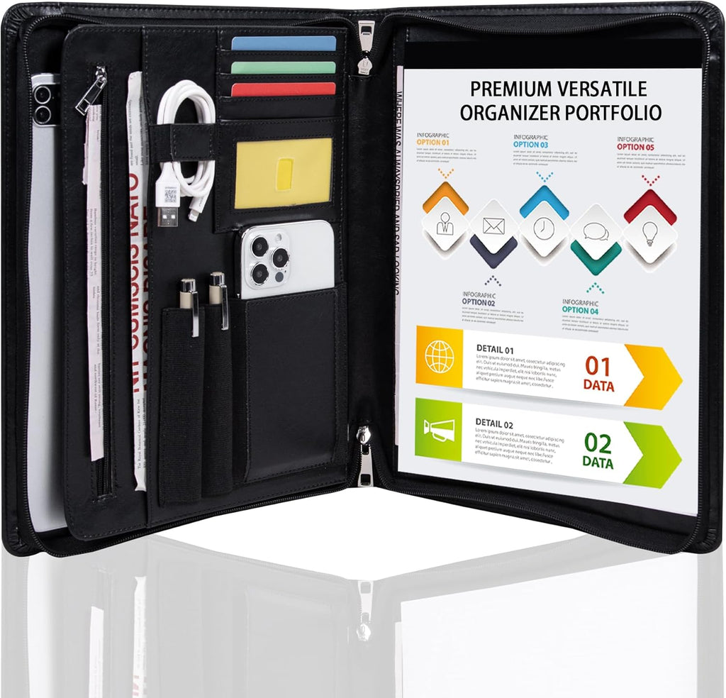 Vegan Leather Portfolio with Zipper, Business Portfolio Padfolio Binder,Phone Notebook Organizer,Laptop Portfolio, A4 Binder Notebook Document Organizer, Resume Portfolio Folder (Black, Standard)