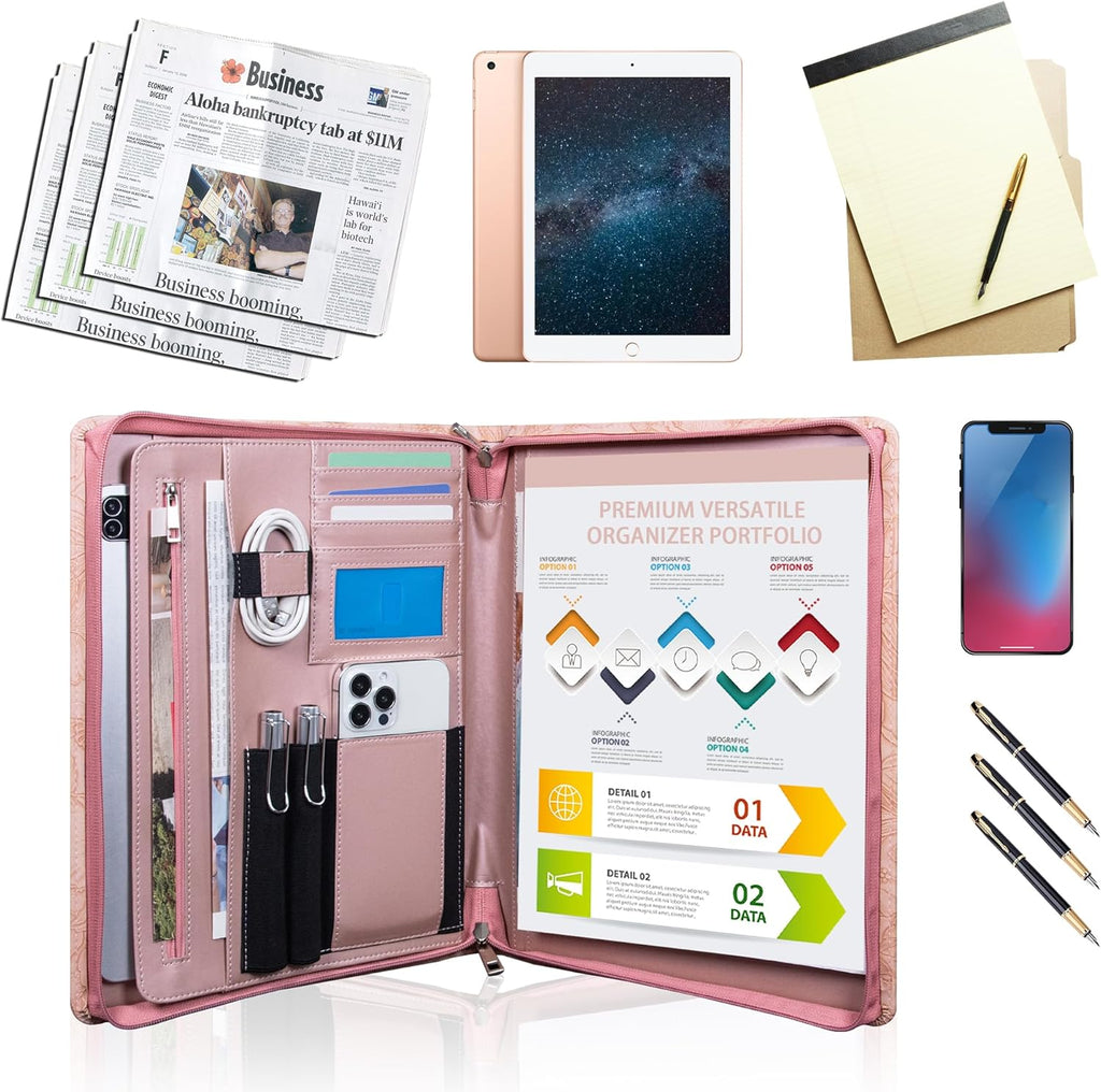 Pink PU Leather Portfolio for Women,Professional Organize 3-Ring Padfolio with A4 Notepad Holder,Professional Business Document Organizer for Women (Purple) (Copy)