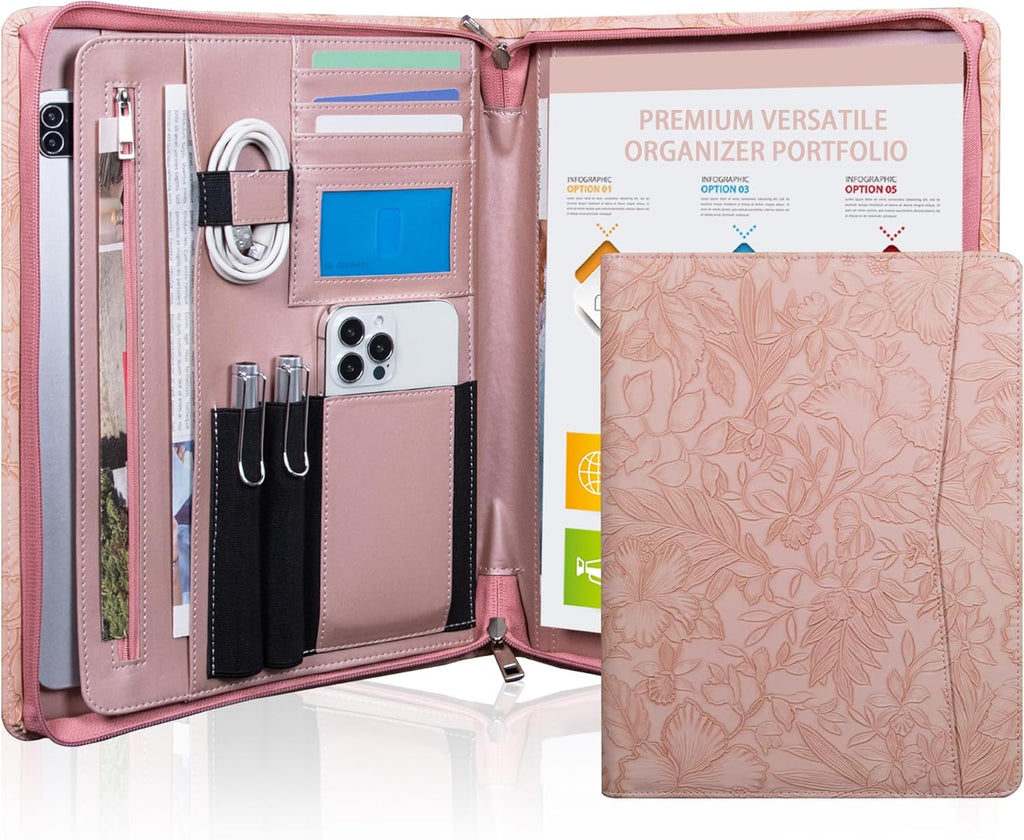 Pink PU Leather Portfolio for Women,Professional Organize 3-Ring Padfolio with A4 Notepad Holder,Professional Business Document Organizer for Women (Purple) (Copy)