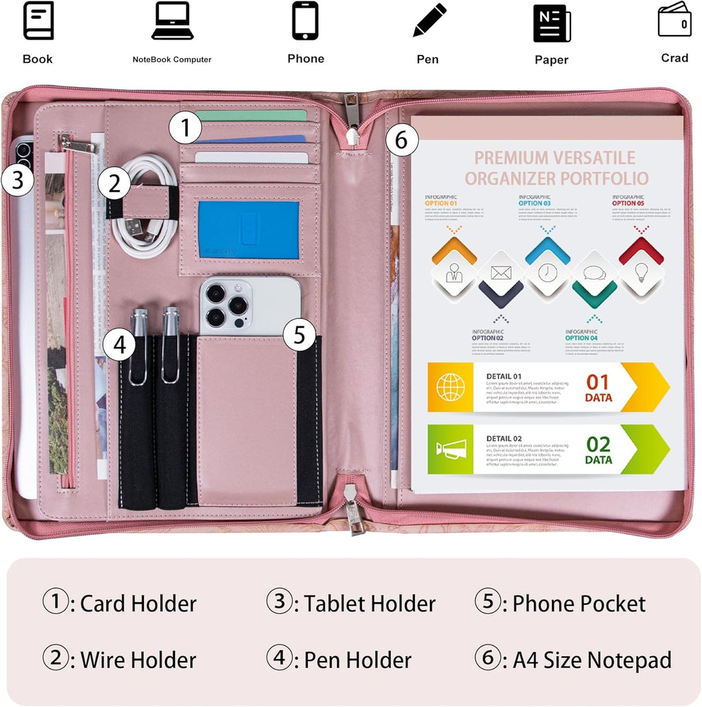 Pink PU Leather Portfolio for Women,Professional Organize 3-Ring Padfolio with A4 Notepad Holder,Professional Business Document Organizer for Women (Purple) (Copy)