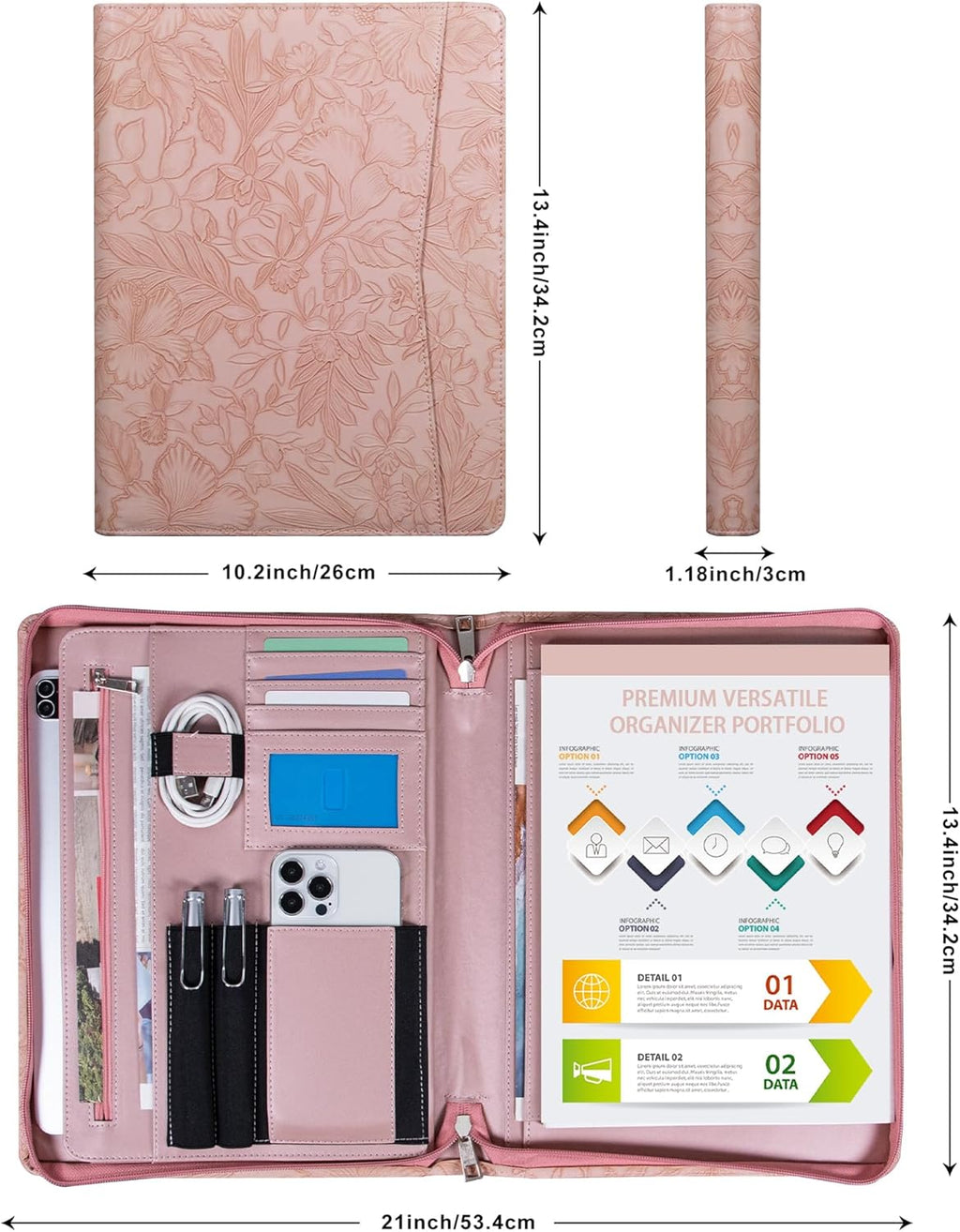 Pink PU Leather Portfolio for Women,Professional Organize 3-Ring Padfolio with A4 Notepad Holder,Professional Business Document Organizer for Women (Purple) (Copy)