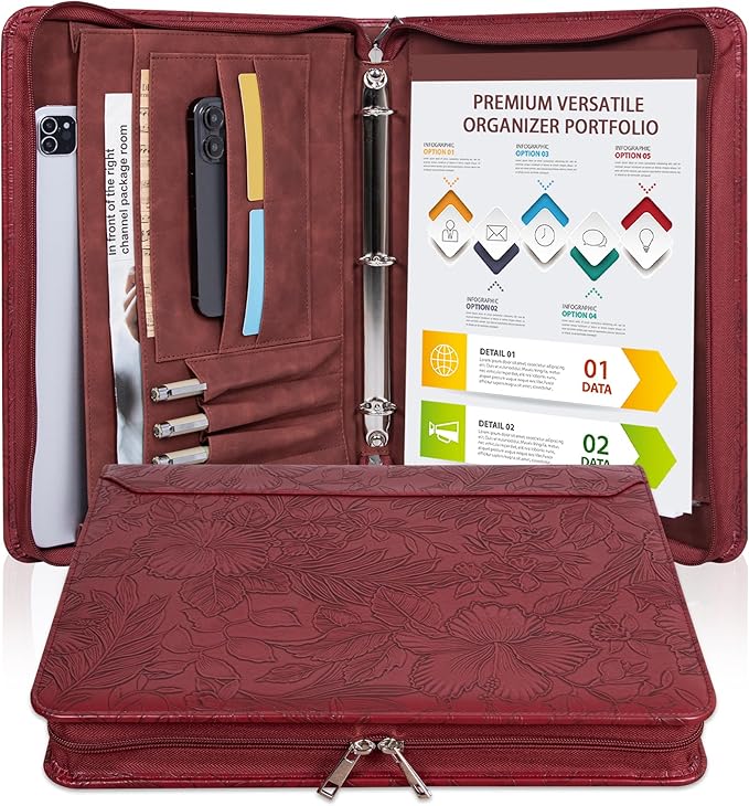Black Vegan Leather Binder Portfolio for Women and Men,3 Ring Portfolio Binder with Zipper, A4 Planner Padfolio with Laptop Pocket,Legal Size Folio,Work padfolio