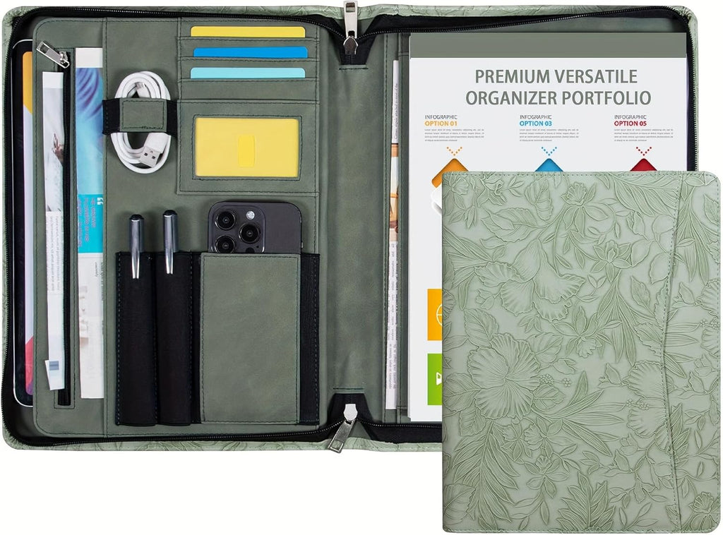 Embossed Vegan Leather Portfolio for Women,Professional Organize Padfolio with A4 Notepad Holder,Professional Business Document Organizer for Women (Light Green)
