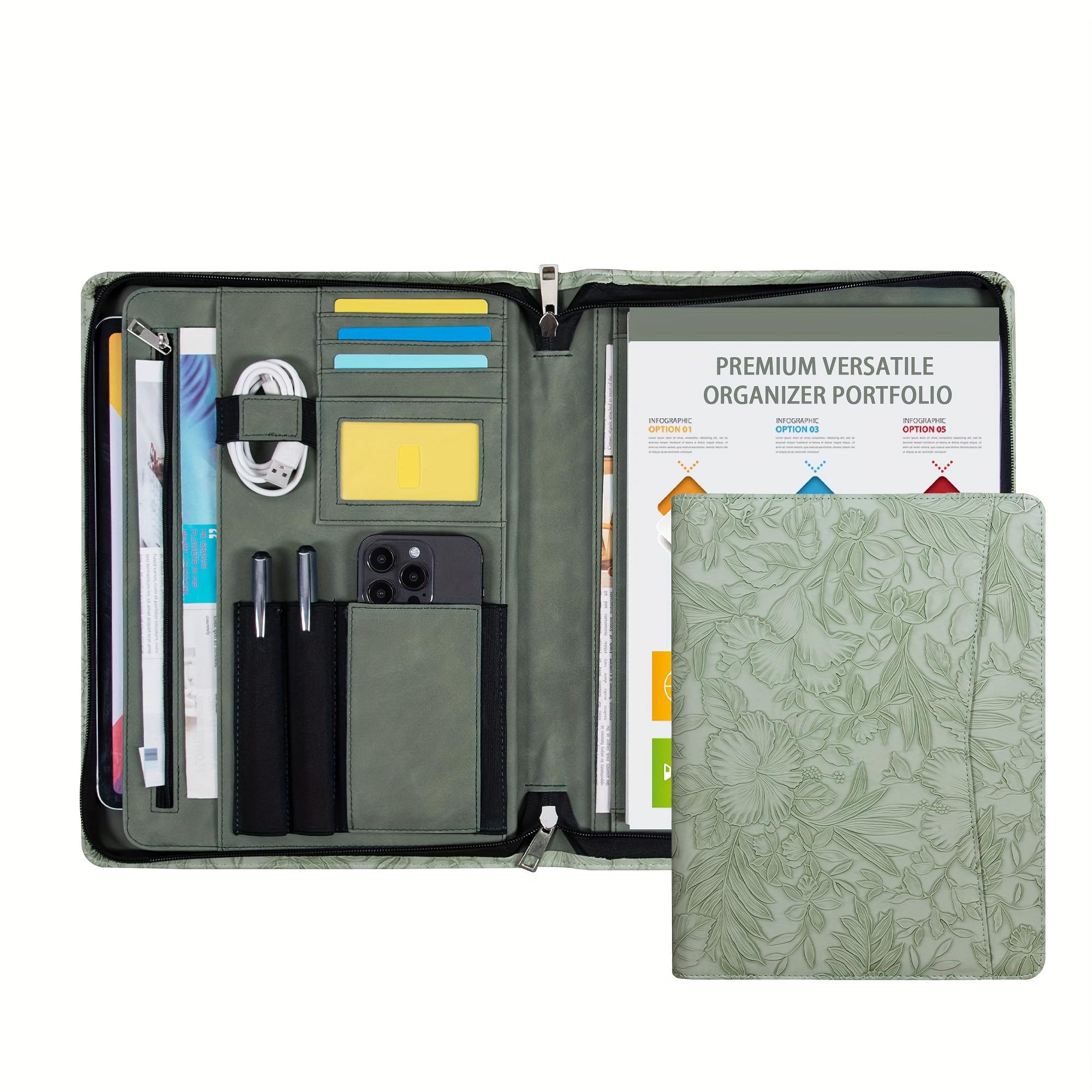 Embossed Vegan Leather Portfolio for Women,Professional Organize Padfolio with A4 Notepad Holder,Professional Business Document Organizer for Women (Light Green)