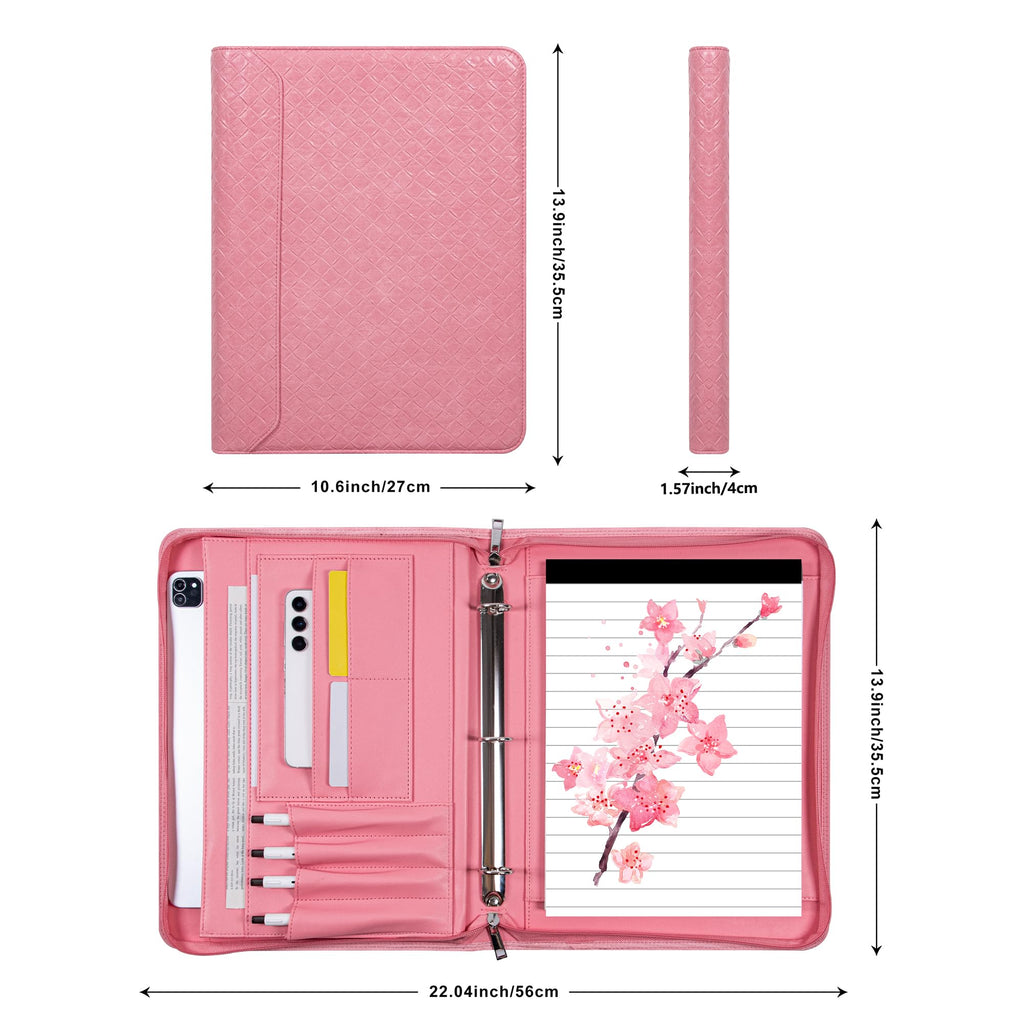 Fashionable Mesh Super Pink PU Padfolio, Vegan Leather Binder Portfolio for Women, 3 Ring Padfolio with Zipper, A4 Planner Binder Laptop Pocket, Legal Size Portfolio, Christmas Gift