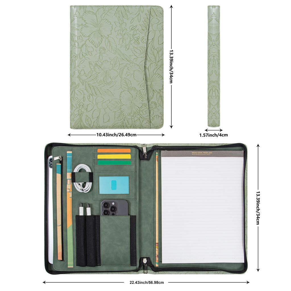 Embossed Vegan Leather Portfolio for Women,Professional Organize Padfolio with A4 Notepad Holder,Professional Business Document Organizer for Women (Light Green)