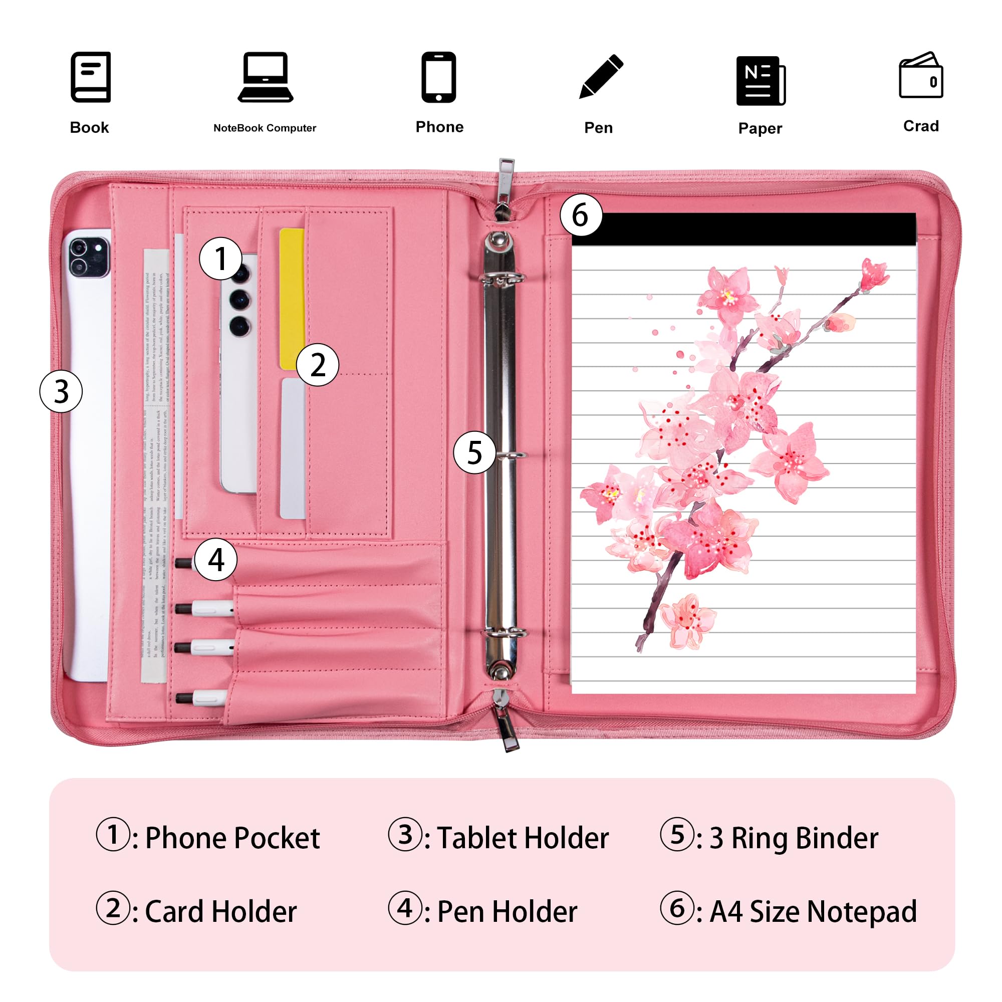 Fashionable Mesh Super Pink PU Padfolio, Vegan Leather Binder Portfolio for Women, 3 Ring Padfolio with Zipper, A4 Planner Binder Laptop Pocket, Legal Size Portfolio, Christmas Gift