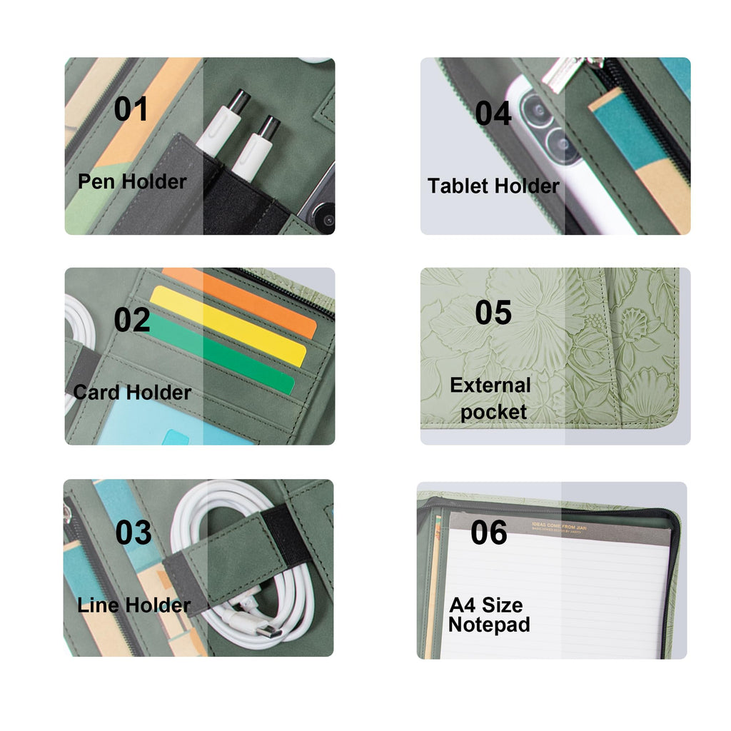 Embossed Vegan Leather Portfolio for Women,Professional Organize Padfolio with A4 Notepad Holder,Professional Business Document Organizer for Women (Light Green)