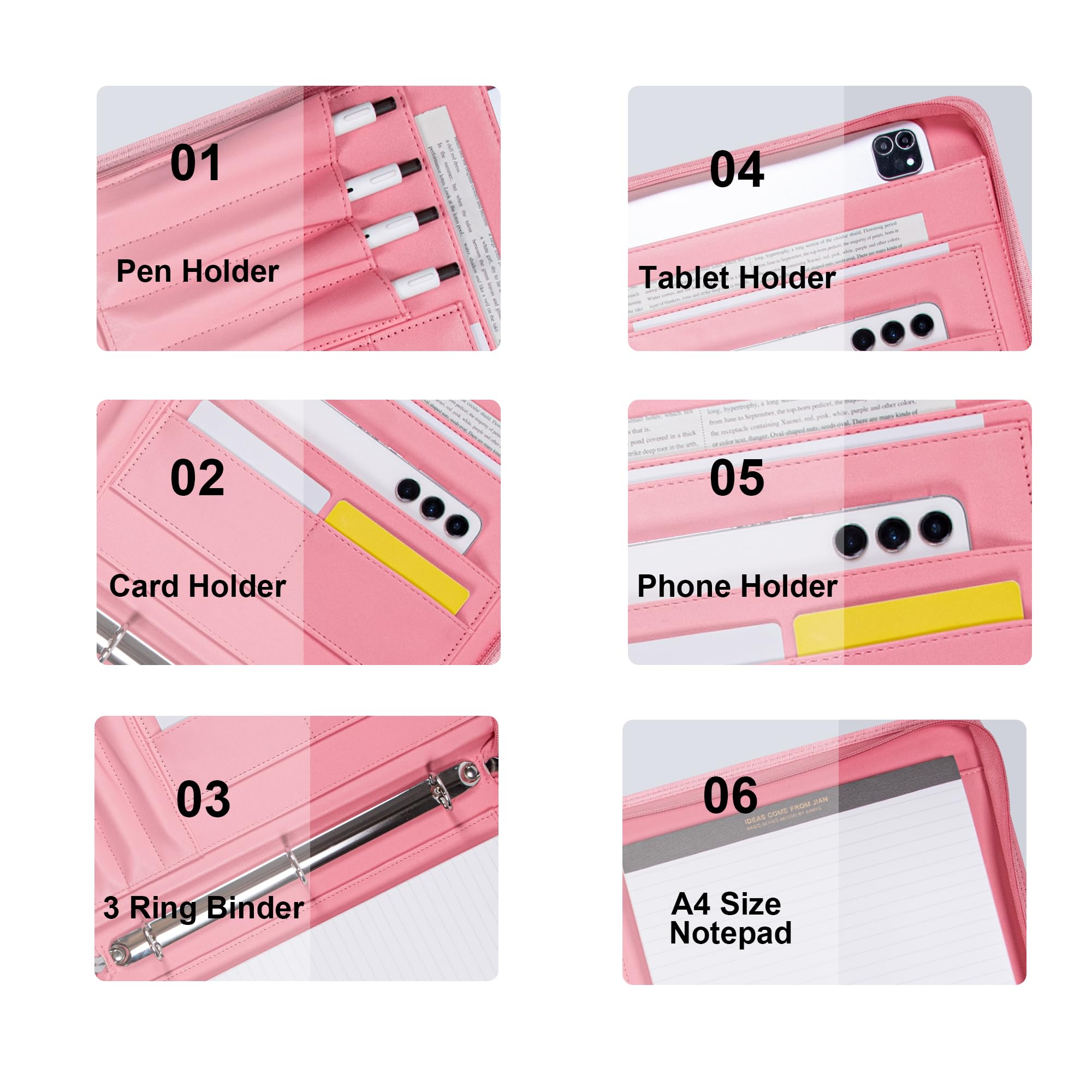 Fashionable Mesh Super Pink PU Padfolio, Vegan Leather Binder Portfolio for Women, 3 Ring Padfolio with Zipper, A4 Planner Binder Laptop Pocket, Legal Size Portfolio, Christmas Gift