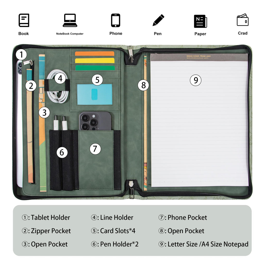 Embossed Vegan Leather Portfolio for Women,Professional Organize Padfolio with A4 Notepad Holder,Professional Business Document Organizer for Women (Light Green)