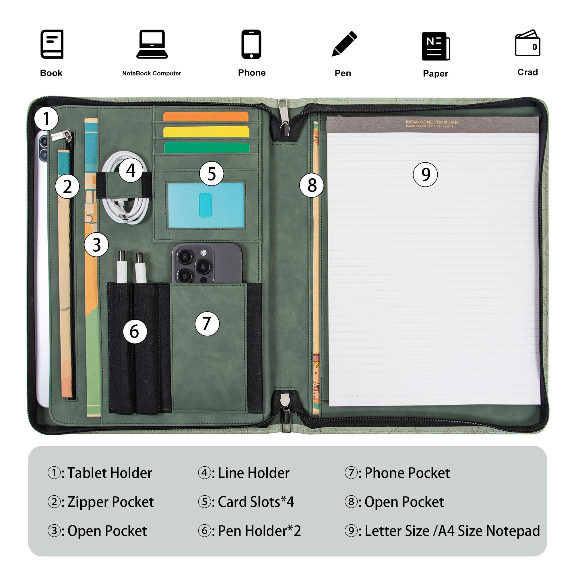 Embossed Vegan Leather Portfolio for Women,Professional Organize Padfolio with A4 Notepad Holder,Professional Business Document Organizer for Women (Light Green)